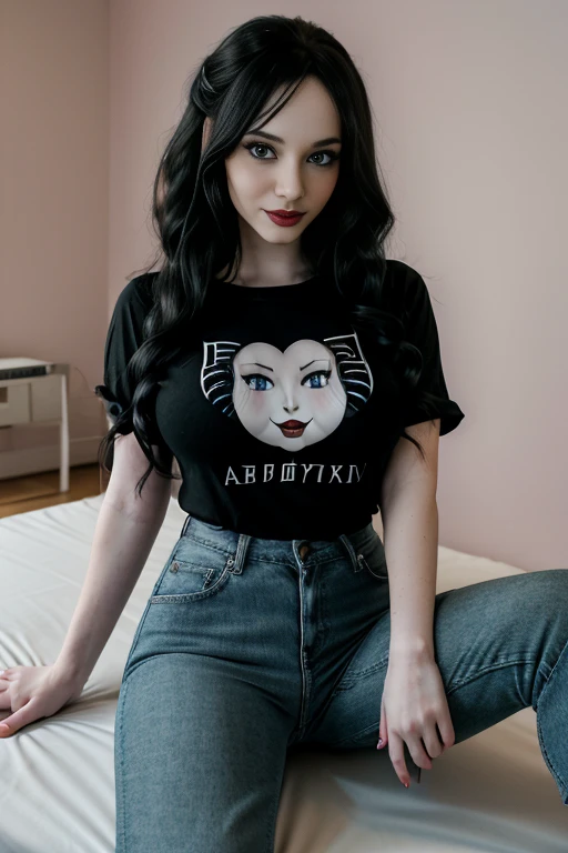 (Full body photo), forehead, teen, youthful, teenager, flirty smile, detailed eyes, blue eyes, goth makeup, long eyelashes, freckles, perky breasts, ((black hair)), super long hair, wavy hair, looking at viewer, natural lighting, natural features, centerfold, fake lips, huge lips, lip fillers, (black t-shirt), (jeans), realism, girl, russian, ((pale)), solid background, gigantic breasts
