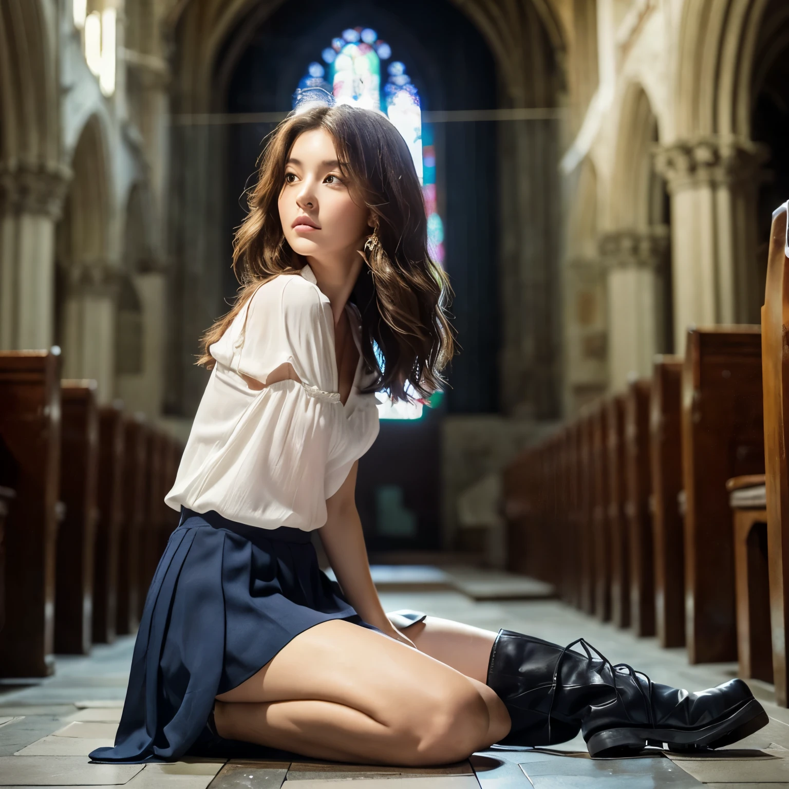 (whole body esbion))、((side shot))、((small breasts、small and flat chest))、 ((white short sleeve blouse、ultra mini pleated skirt、dark blue)), ((red tie))、 ((black boots))、((Kneeling prayer pose in church、Join hands))、((１direct))、((The background is the interior of a deserted gothic church..))、((high nose))、((delicate body))、((vertical upper body))、((clean、masterpiece、professional artwork、famous works))、((perfect girl body))、((beautiful  girl)),((cute face))、 very bright skin ,medium long hair, wavy hair , brown hair,Japanese、 realistic