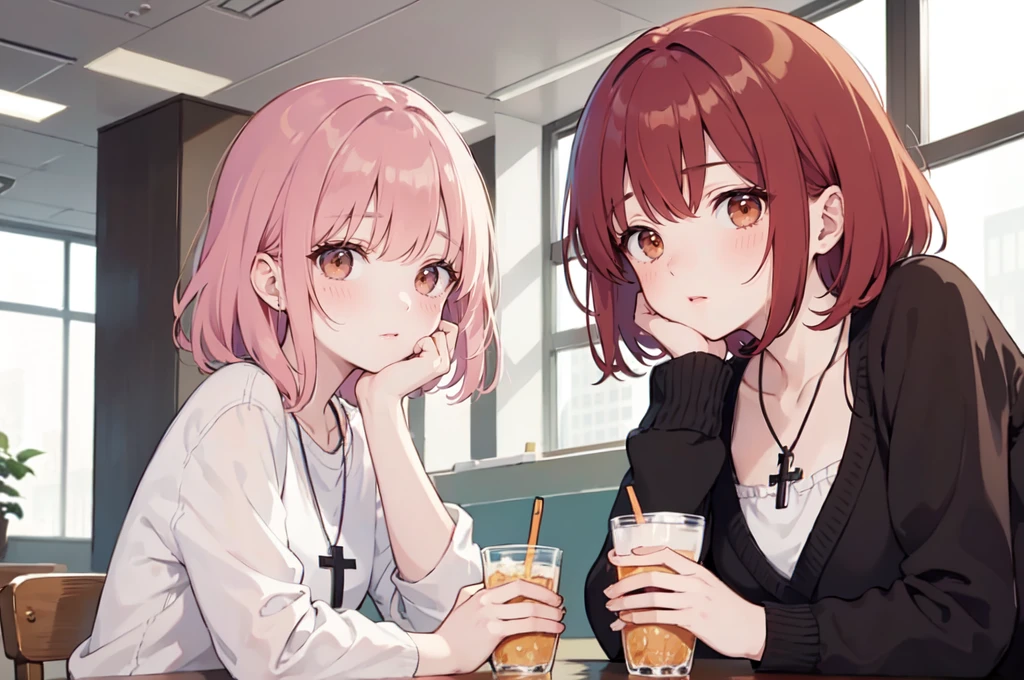 (masterpiece), (best quality), (ultra detailed),(disheveled hair),(illustration), (1woman), (casual outfit), sit in a table, Fashion model, looking at viewer, (interview), (cafeteria background),beautiful brown eyes, delicate beautiful face,(high saturation),(colorful splashes),(shining), kamisato ayaka, red hair, bangs, short hair, (shining), best lighting, best shadow. catholic cross necklace. nervous. blush