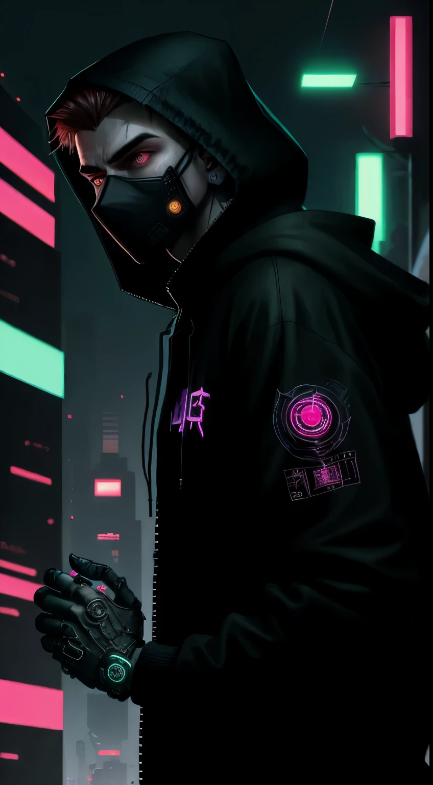 The Young Man in the Hood, face mask, Neon ring in the background, cyberpunk artstyle, Cyberpunk style, Cyberpunk style, cyberpunk character, hyper realistic cyberpunk style, The color of cyberpunk, Powerful lighting, Motion Synchronization, Dynamism, Charged energy, Hot action
