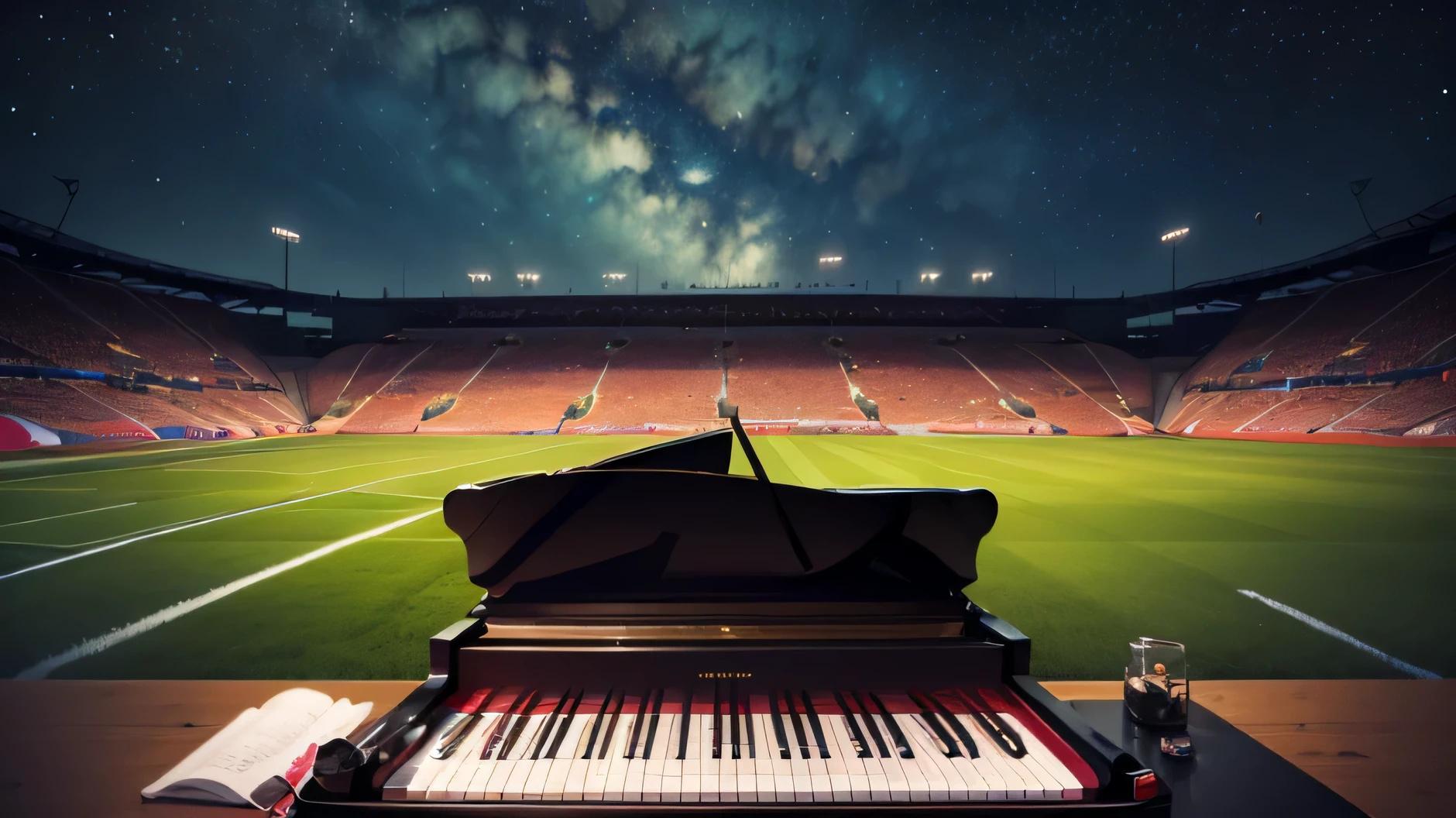 NA HORIZONTAL CENTRALIZADO UM TECLADO DE PIANO, COM MUITAS NOTAS MUSICAIS NA RUA, A STARRY GREEN SKY, Estrelas Douradas, football stadium in the background, sede