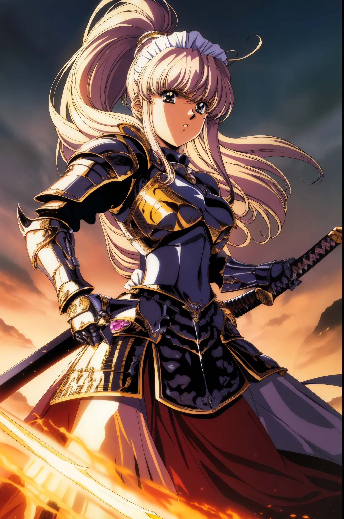 best quality, masterpiece, highres, solo, {PORTRAIT :1.3}{maid:1.40}, { maid dress:1.15}, , warrior,(armor:1.4),, bangs, upper_body,, black_ascot, hair_between_eyes, breasts, short_hair, grey_eyes,80s anime,retro artstyle, (urushihara satoshi:1.),detail illustration,memegang pedang,knight,ultra detailed,(maid:1.2), (swords),((action pose)),epic effect,((detailed armor,close up))),,determined,(((girl))),1girl, solo, purple hair,, , white background, , retro artstyle, breasts, cape, simple background, 1990s (style), medium breasts, , covered navel, long hair, shiny clothes, looking at viewer, parted lips, ),long hair,pink hair,fantasy world,{flat color:1.4}