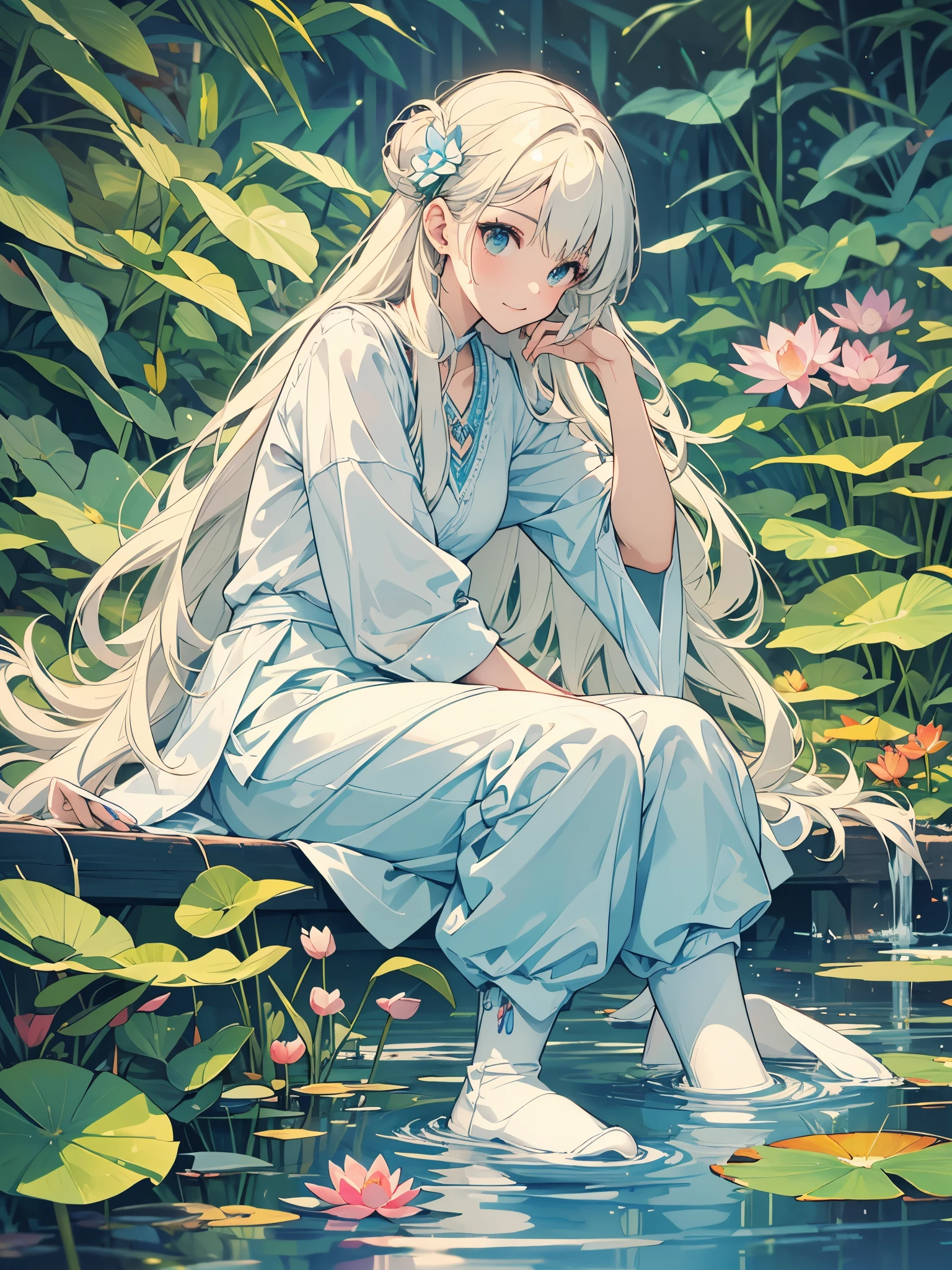 There is a girl sitting on a leaf, (white clothes), fresh color scheme, there is a plush toy, Guvez style artwork, popular on cgstation, illustrated by Li Song, soft anime, lying on a water lily mat, sitting on a lotus flower, cute and meticulous digital art, cute art style, in the pond, Yang J, cute digital art, Guvitz, sitting by the pond