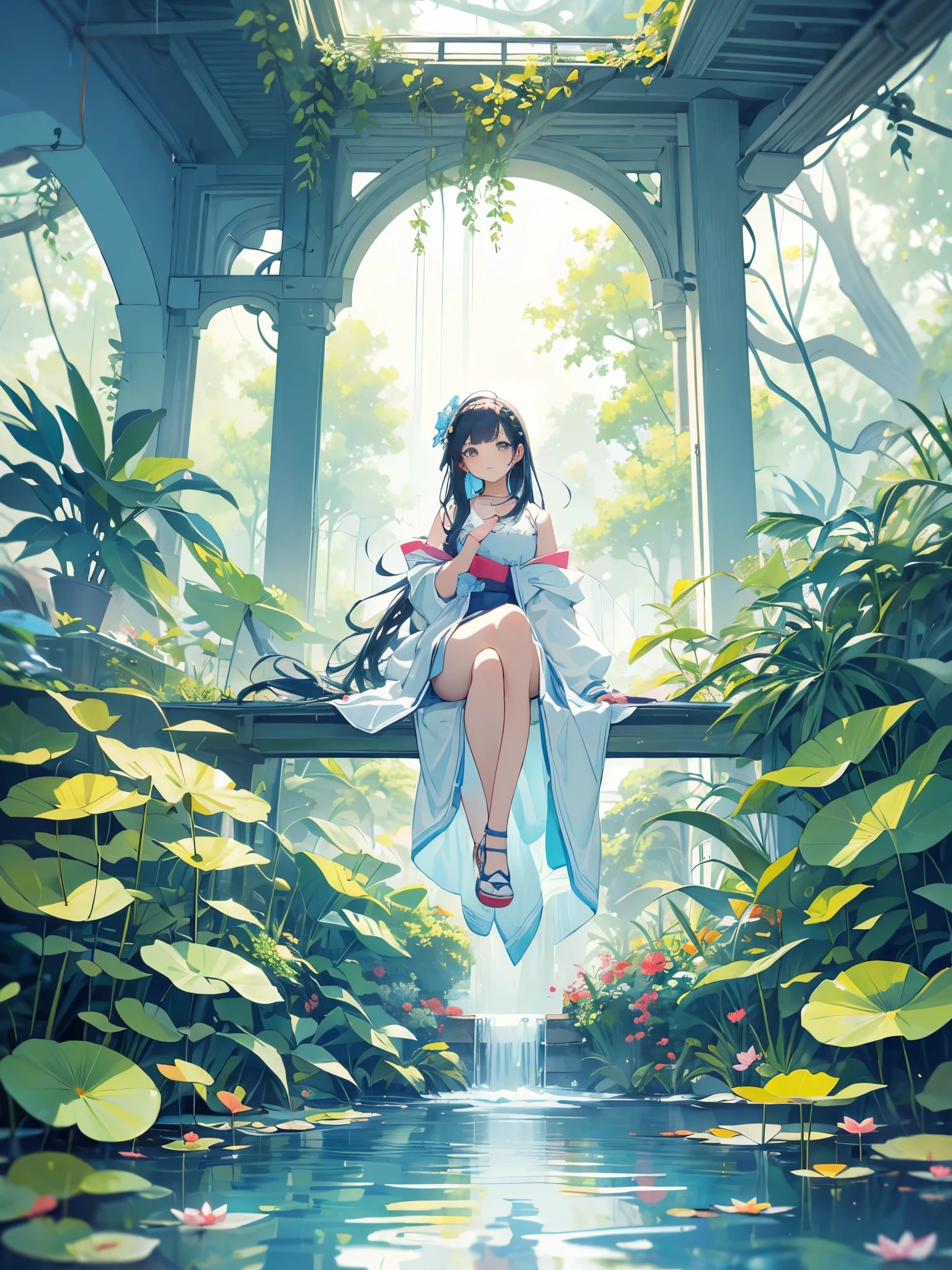 There is a girl sitting on a leaf, (white clothes), fresh color scheme, there is a plush toy, Guvez style artwork, popular on cgstation, illustrated by Li Song, soft anime, lying on a water lily mat, sitting on a lotus flower, cute and meticulous digital art, cute art style, in the pond, Yang J, cute digital art, Guvitz, sitting by the pond