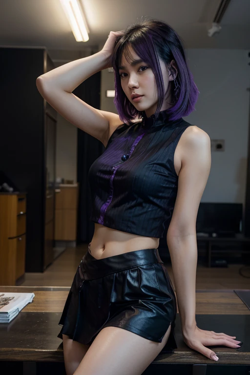 Full body, standing, (RAW photo, highest quality), (realistic, photorealistic) 25 year old Asian girl, Fei Liang beautilul and very detailed face, punk haircut, black hair with a purple streak, looking at the camera, wearing a short silver pleated skirt and opaque synthetic fabric, short sleeveless blouse color dark blue (shows navel), black medium heel shoes, cyberpunk style apartment in background
