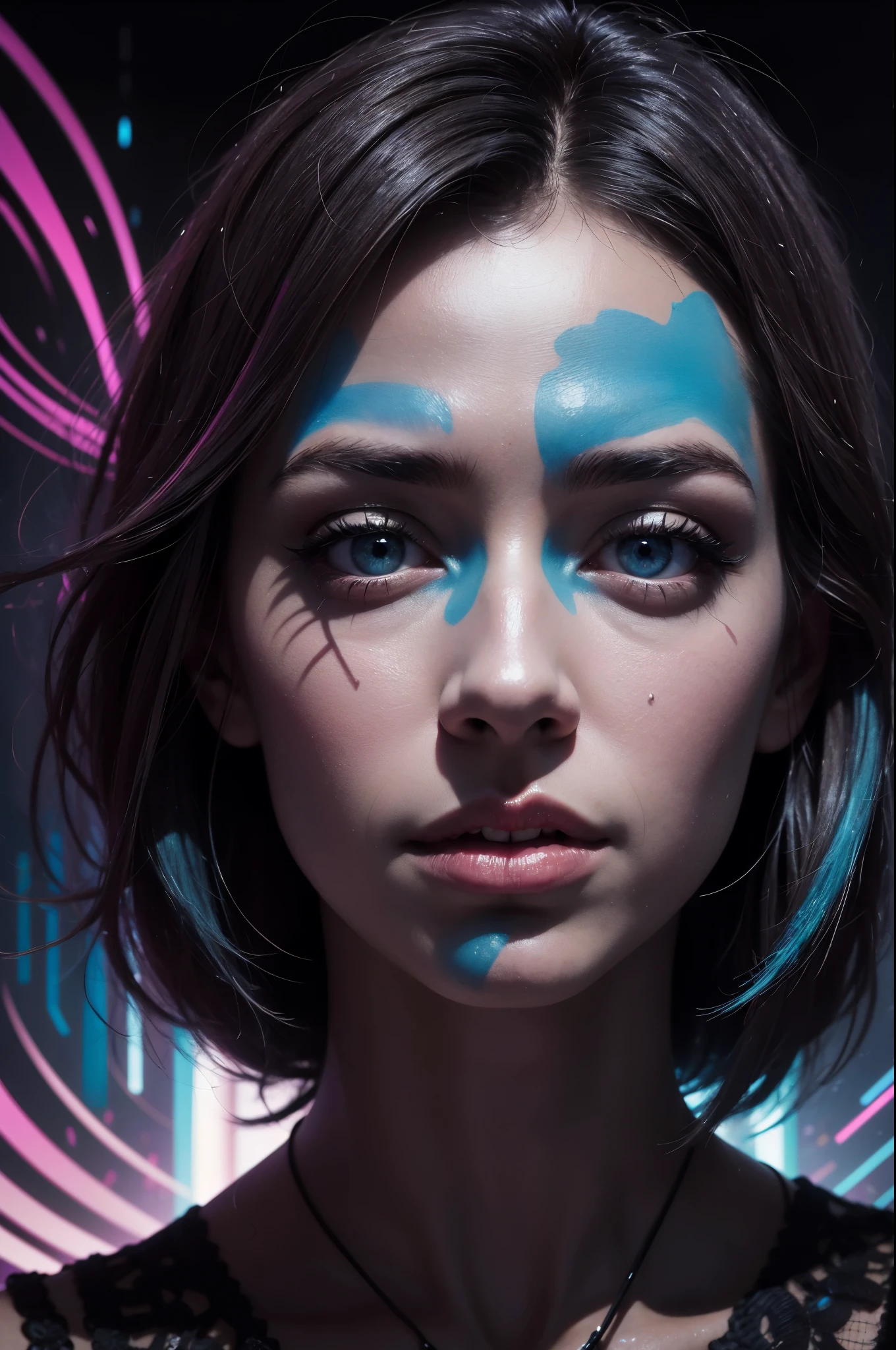 In a vividly exaggerated cartoon style, this mesmerizing image portrays a woman's hallucinatory perspective while under the influence. Bathed in bold neon hues, the woman is depicted in a splash art painting that captivates the eye. Her imaginative vision is brought to life through the vibrant color palette, creating a dynamic and energetic atmosphere. The exaggerated color splashes intensify the surreal experience, enveloping the viewer in a visually striking and high-quality depiction.