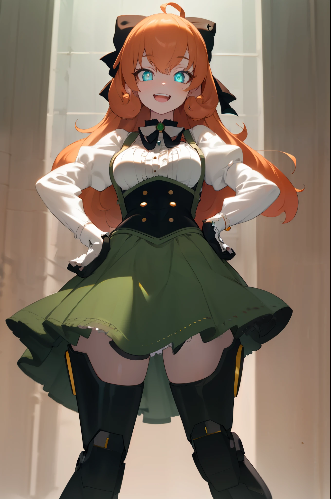 best quality, ultra detailed, 1girl, solo, masterpiece, best quality, high quality, highres, 4K, standing, salute, (hand on hip:1.3), smile, :D, Penny Polendina, curly hair, long hair, black bow, (neck ribbon:1.2), white blouse, black gloves, corset, green skirt, suspender skirt, white blouse, neon trim, mechanical legs, (beautiful detailed eyes:1.6), extremely detailed face, perfect lighting, extremely detailed CG, (perfect hands, perfect anatomy),