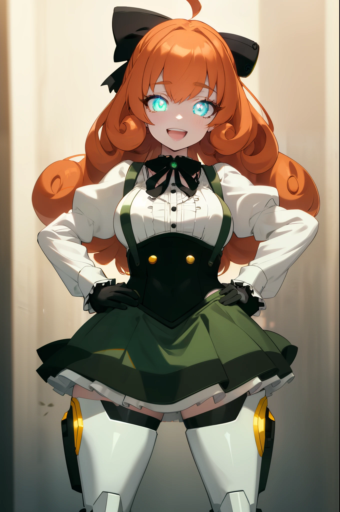 best quality, ultra detailed, 1girl, solo, masterpiece, best quality, high quality, highres, 4K, standing, salute, (hand on hip:1.3), smile, :D, Penny Polendina, curly hair, long hair, black bow, (neck ribbon:1.2), white blouse, black gloves, corset, green skirt, suspender skirt, white blouse, neon trim, mechanical legs, (beautiful detailed eyes:1.6), extremely detailed face, perfect lighting, extremely detailed CG, (perfect hands, perfect anatomy),