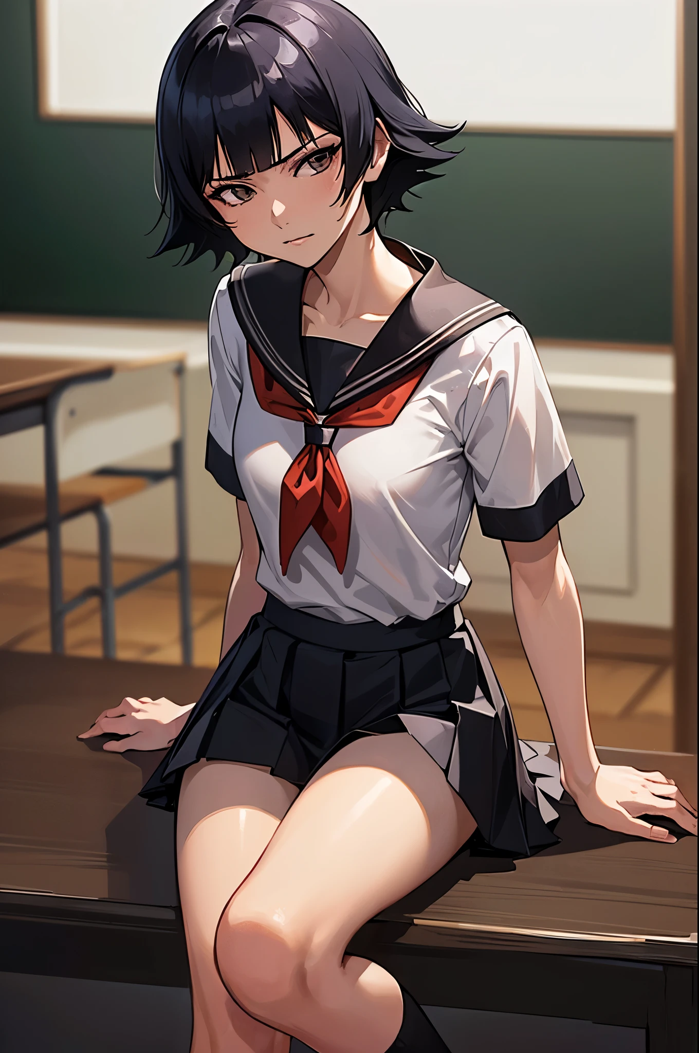 ultra-realistic 8k CG, masterpiece, ((ultra-detailed background, expressive eyes, fine drawing, intricate details, high detail, better quality fine details, hyper-detailed face)), (photorealistic: 1.4), beautiful lighting, RAW photo, film grain, soi fon, 1girl, solo, ((dark black hair, short hair)), ((dark black eyes)), black irises, makeup, side strands, (( slim girl)), ((detailed background, inside, dim lighting, moody lighting, inside classroom)), (intricately detailed full-body shot)), ((intricately detailed face and character)), sweating, detailed face, beautiful face, sharp stern features, , thin, skinny, kubo tito, kubo tito (style), bleach (manga), bleach manga style, asian eyes, inspired by Kusumi Morikage, toned, small breasts, toned, long slender legs, thin legs, ((pretty arched feet)), ((light grey sports bra)), ((neckerchief, pleated skirt, red neckerchief, school uniform, serafuku, shirt, short sleeves, skirt, white shirt, uranohoshi school uniform, pantyhose, black penny shoes)), sitting on desk, facing viewer