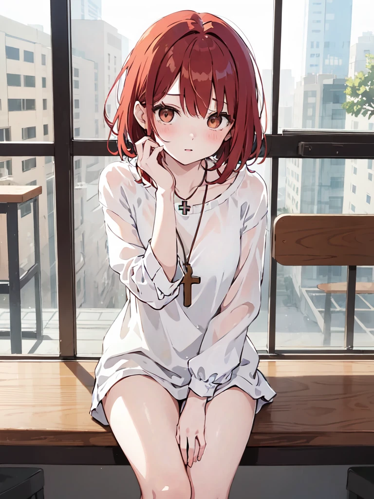 (masterpiece), (best quality), (ultra detailed),(disheveled hair),(illustration), (1woman), (casual outfit), sit in a table, Fashion model, looking at viewer, (interview), (cafeteria background),beautiful brown eyes, delicate beautiful face,(high saturation),(colorful splashes),(shining), kamisato ayaka, red hair, bangs, short hair, (shining), best lighting, best shadow. catholic cross necklace. nervous. scare blush (1 person) red face