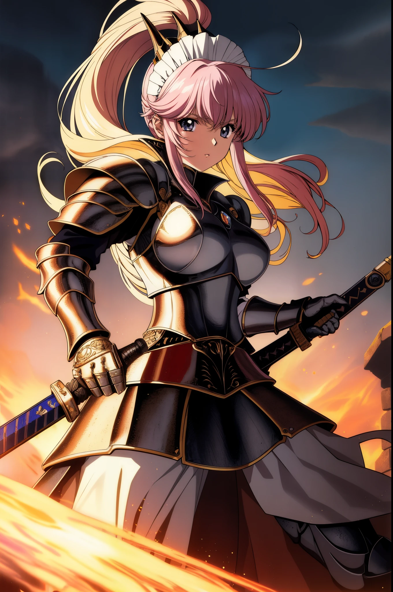 best quality, masterpiece, highres, solo, {PORTRAIT :1.3}{maid:1.40}, { maid dress:1.15}, , warrior,(armor:1.4),, bangs, upper_body,, black_ascot, hair_between_eyes, breasts, short_hair, grey_eyes,80s anime,retro artstyle, (urushihara satoshi:1.),detail illustration,memegang pedang,knight,ultra detailed,(maid:1.2), (swords),((action pose)),epic effect,((detailed armor,close up))),,determined,(((girl))),1girl, solo, purple hair,, , white background, , retro artstyle, breasts, cape, simple background, 1990s (style), medium breasts, , covered navel, long hair, shiny clothes, looking at viewer, parted lips, ),long hair,pink hair,fantasy world,{flat color:1.6},