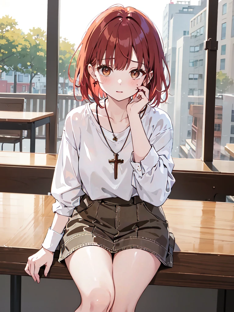 (masterpiece), (best quality), (ultra detailed),(disheveled hair),(illustration), (1woman), (casual outfit), sit in a table, Fashion model, looking at viewer, (interview), (cafeteria background),beautiful brown eyes, delicate beautiful face,(high saturation),(colorful splashes),(shining), kamisato ayaka, red hair, bangs, short hair, (shining), best lighting, best shadow. catholic cross necklace. nervous. scare blush (1 person) red face