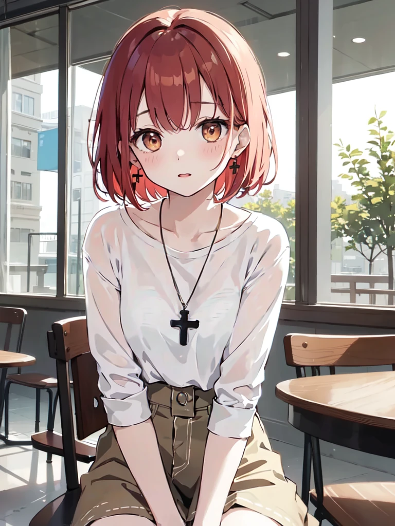 (masterpiece), (best quality), (ultra detailed),(disheveled hair),(illustration), (1woman), (casual outfit), sit in a table, Fashion model, looking at viewer, (interview), (cafeteria background),beautiful brown eyes, delicate beautiful face,(high saturation),(colorful splashes),(shining), kamisato ayaka, red hair, bangs, short hair, (shining), best lighting, best shadow. catholic cross necklace. nervous. scare blush (1 person) red face