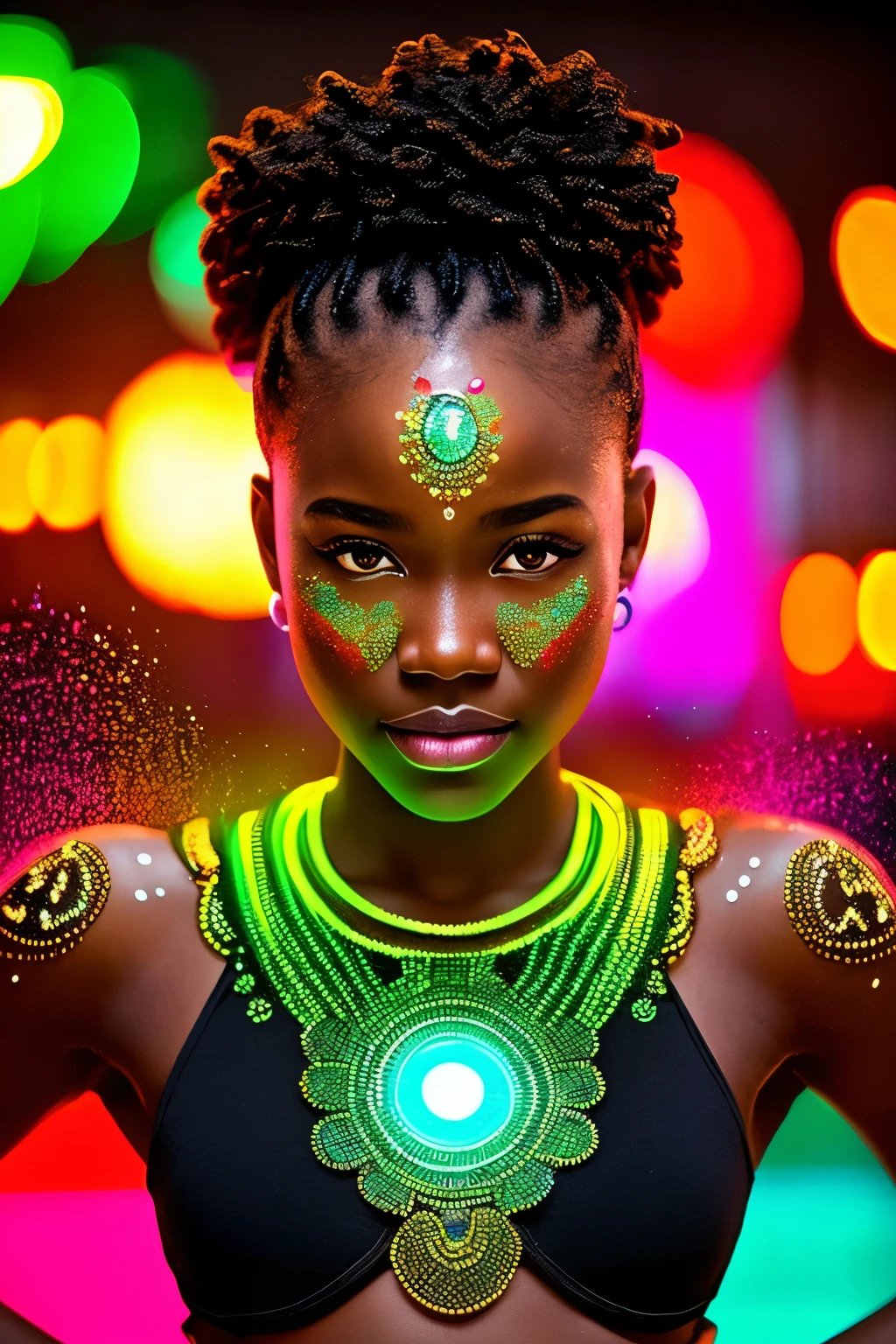 A captivating close-up shot of a Black woman, her face adorned with intricately designed African marks, glistening in the neon lights. Dripping water cascades down her figure, enhancing the vibrant colors of her African-designed clothes, adorned with a stunning array of beads. The backdrop bursts with energy as neon green and pink crystals explode, adding a surreal and mesmerizing effect. The highly-realistic facial images showcase every detail of her features, from the expressive eyes to the delicate curves of her face. The cinematic scene unfolds like a work of art, inspired by the Artgerm style, and rendered in