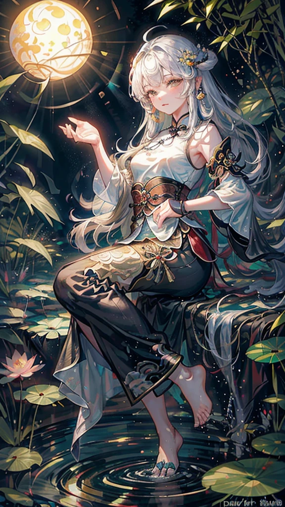 masterpiece,best quality,Chinese martial arts style,an asian night scene with lanterns and water lilies,asian pond with many lanterns and boatsa night scene with many lights and boats in the water, Lake surface, lotus flowers,beautiful night scene,(((Chinese martial arts style))), with vast sky, continuous mountains and steep cliffs, ink wash style, outline light, atmospheric atmosphere, depth of field, mist rising, bamboo, pine trees, octagonal stone pavilion, waterfall flowing water,big full moon,(No color) , Monochrome, light color,Dispersion, rainbow,