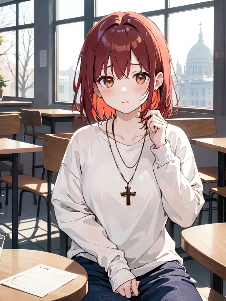 (masterpiece), (best quality), (ultra detailed),(disheveled hair),(illustration), (1woman), (casual outfit), sit in a table, Fashion model, (cafeteria background),beautiful brown eyes, delicate beautiful face,(high saturation),(colorful splashes),(shining), kamisato ayaka, red hair, bangs, short hair, (shining), best lighting, best shadow. catholic cross necklace. nervous. scare blush (1 person) red face blush. 