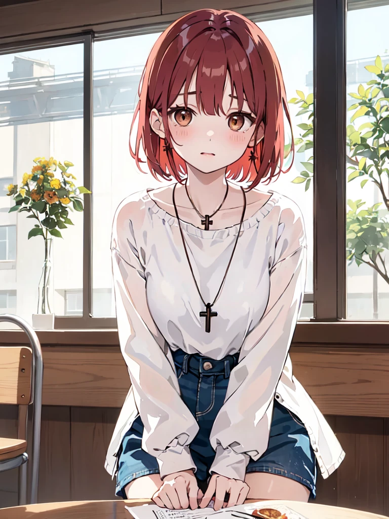 (masterpiece), (best quality), (ultra detailed),(disheveled hair),(illustration), (1woman), (casual outfit), sit in a table, Fashion model, (cafeteria background),beautiful brown eyes, delicate beautiful face,(high saturation),(colorful splashes),(shining), kamisato ayaka, red hair, bangs, short hair, (shining), best lighting, best shadow. catholic cross necklace. nervous. scare blush (1 person) red face blush. 