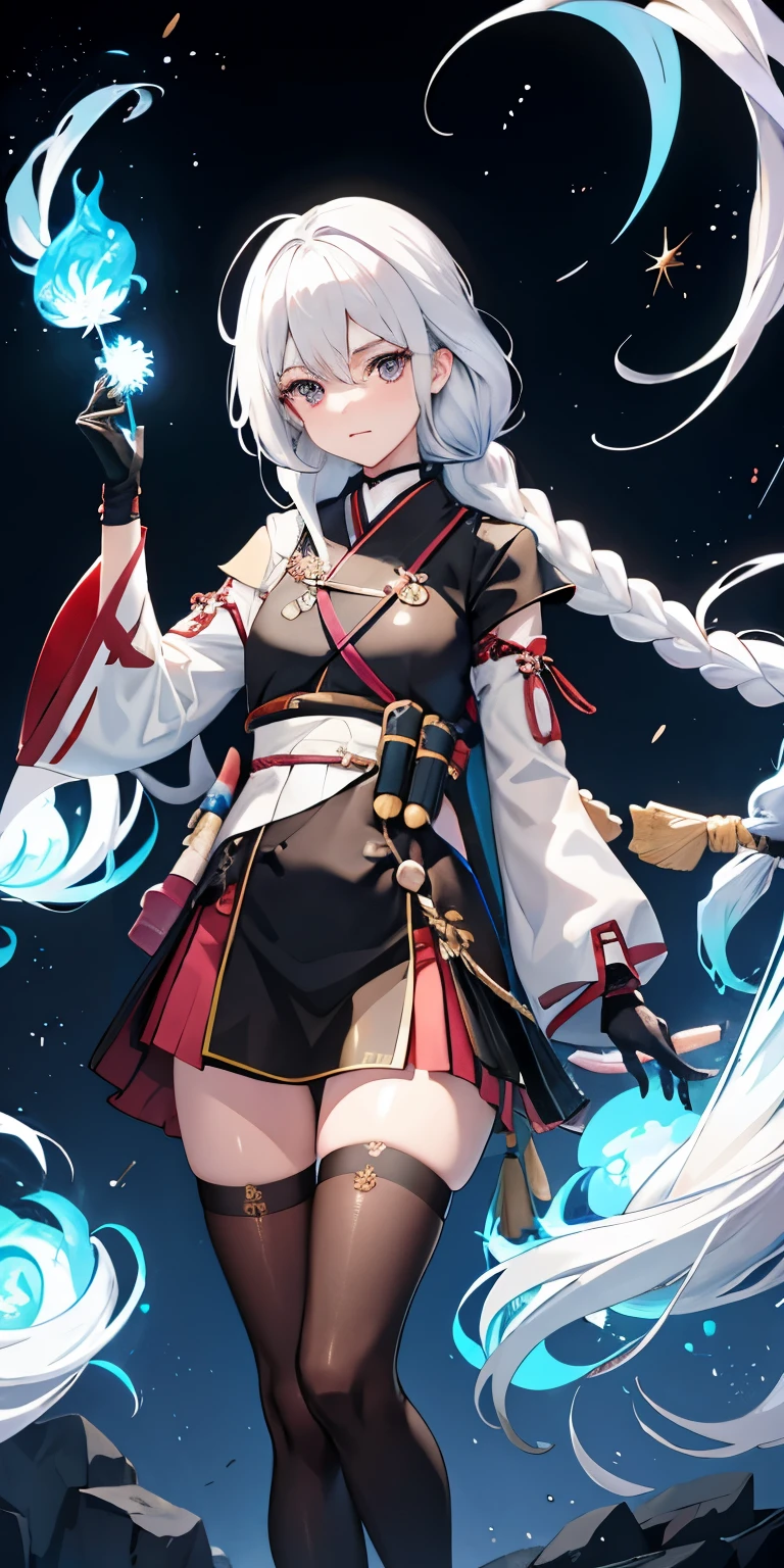 1girl, japanische Kleidung, Pferdeschwanz ,white hair, lila Augen, Magischer Kreis, blaues Feuer, blaue Flammen, Hintergrund, Landschaft, Blut, Blut splatter, depth of field, Nacht, leichte Teilchen, Lichtstrahlen, Seitenlicht, Schenkel, Schicksal \(Serie\), Genshin Impact, ****, offene Jacke, Rock, Thigh stockings, Wolke