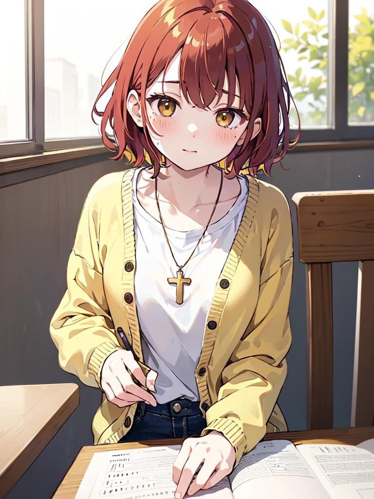 (masterpiece), (best quality), (ultra detailed),(disheveled hair),(illustration), (1woman), (casual outfit(cardigan yellow)), sit in a table, Fashion model, (cafeteria background),beautiful brown eyes, delicate beautiful face,(high saturation),(colorful splashes),(shining), kamisato ayaka, red hair, bangs, short hair, (shining), best lighting, best shadow. catholic cross necklace. nervous. scare blush (1 person) red face blush. matcha te.