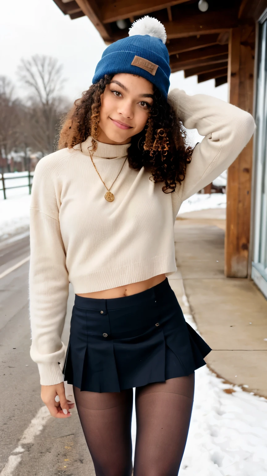 Show entire body, feet in view, aerial view, Zendaya, big breasts, topless, curly hair, beanie, American school uniform, short skirt, sheer pantyhose, canvas shoes, snowy day, outdoors