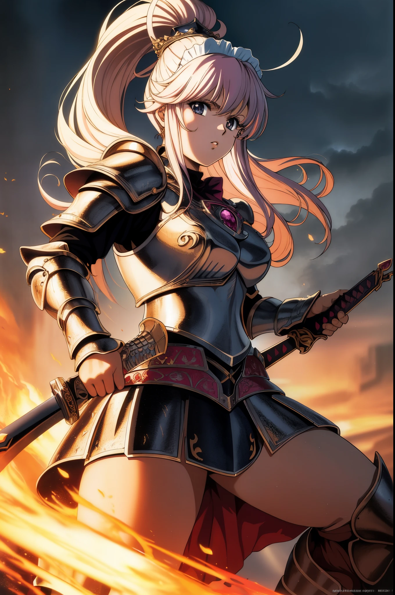 best quality, masterpiece, highres, solo, {PORTRAIT :1.3}{maid:1.40}, { maid dress:1.15}, , warrior,(armor:1.4),, bangs, upper_body,, black_ascot, hair_between_eyes, breasts, short_hair, grey_eyes,80s anime,retro artstyle, (urushihara satoshi:1.),detail illustration,memegang pedang,knight,ultra detailed,(maid:1.2), (swords),((action pose)),epic effect,((detailed armor,close up))),,determined,(((girl))),1girl, solo, purple hair,, , white background, , retro artstyle, breasts, cape, simple background, 1990s (style), medium breasts, , covered navel, long hair, shiny clothes, looking at viewer, parted lips, ),long hair,pink hair,fantasy world,{flat color:1.6},