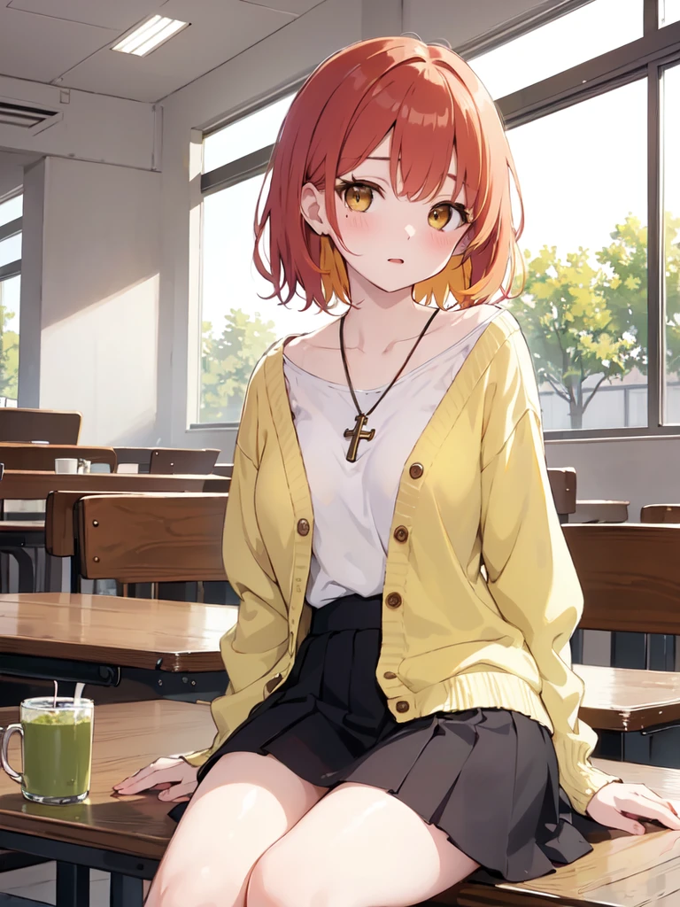 (masterpiece), (best quality), (ultra detailed),(disheveled hair),(illustration), (1woman), (casual outfit(cardigan yellow)), sit in a table, Fashion model, (cafeteria background),beautiful brown eyes, delicate beautiful face,(high saturation),(colorful splashes),(shining), kamisato ayaka, red hair, bangs, short hair, (shining), best lighting, best shadow. catholic cross necklace. nervous. scare blush (1 person) red face blush. matcha te. 


