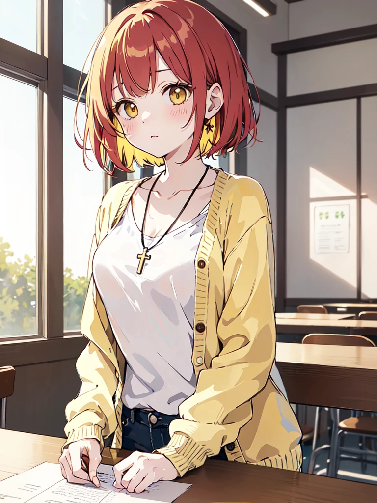 (masterpiece), (best quality), (ultra detailed),(disheveled hair),(illustration), (1woman), (casual outfit(cardigan yellow)), sit in a table, Fashion model, (cafeteria background),beautiful brown eyes, delicate beautiful face,(high saturation),(colorful splashes),(shining), kamisato ayaka, red hair, bangs, short hair, (shining), best lighting, best shadow. catholic cross necklace. nervous. scare blush (1 person) red face blush. matcha te. 


