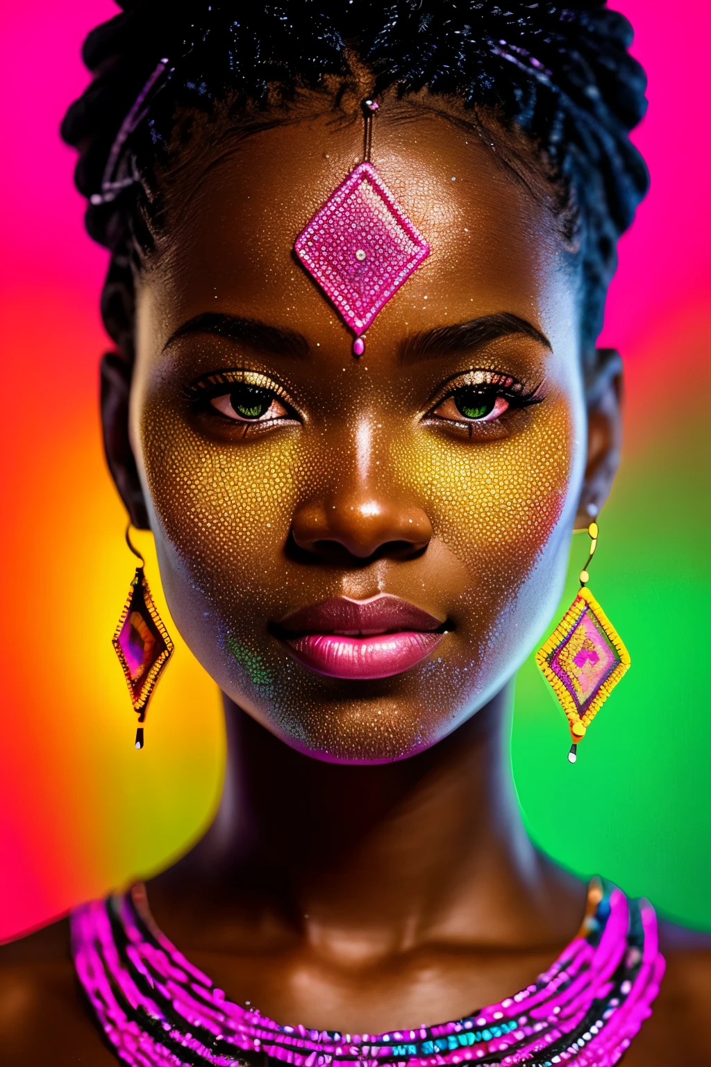 A captivating close-up shot of a Black woman, her face adorned with intricately designed African marks, glistening in the neon lights. Dripping water cascades down her figure, enhancing the vibrant colors of her African-designed clothes, adorned with a stunning array of beads. The backdrop bursts with energy as neon green and pink crystals explode, adding a surreal and mesmerizing effect. The highly-realistic facial images showcase every detail of her features, from the expressive eyes to the delicate curves of her face. The cinematic scene unfolds like a work of art, inspired by the Artgerm style, and rendered in