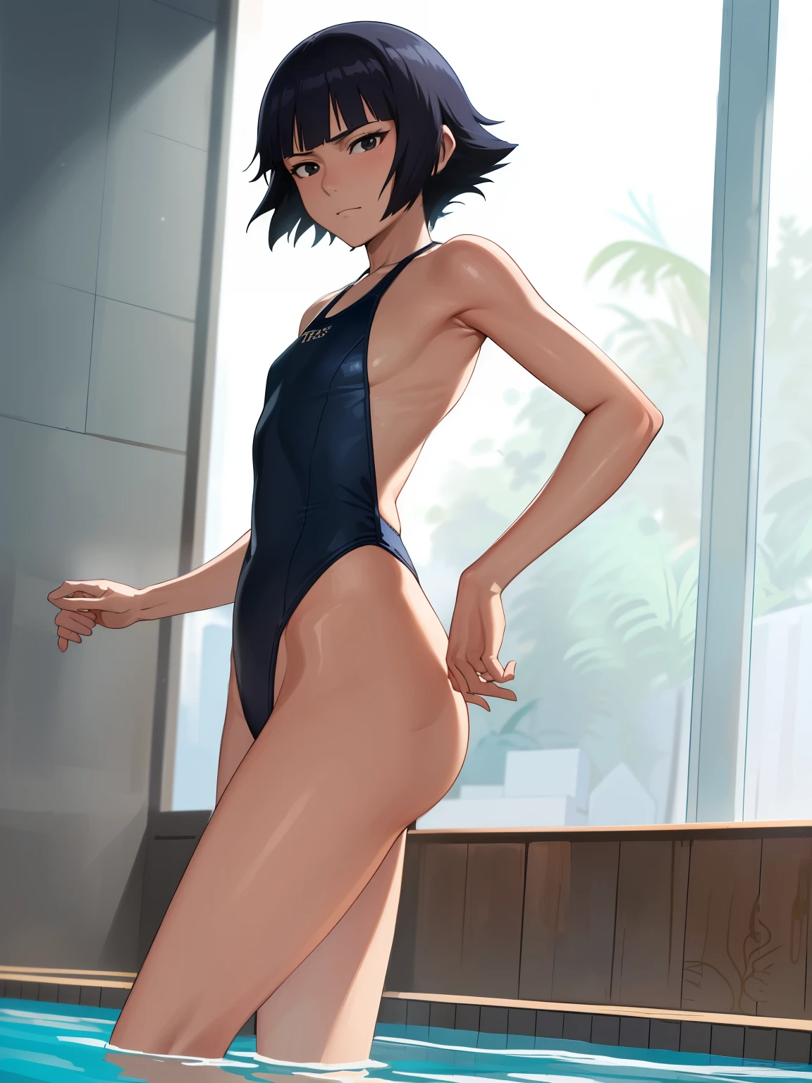 (animation cel), ((ultra-detailed background, expressive eyes, fine drawing, intricate details, high detail, better quality fine details, hyper-detailed face)), (photorealistic: 1.4), beautiful lighting, RAW photo, film grain, soi fon, 1girl, solo, pale skin ((dark black hair, short hair)), ((dark black eyes)), black irises, makeup, side strands, ((slim girl)), ((detailed background, inside, dim lighting, moody lighting, inside swimming pool)), (intricately detailed portrait), ((intricately detailed face and character)), ((medium breasts)), (perky breasts), cleavage, detailed face, beautiful face, sharp stern features, thin, skinny, kubo tito, kubo tito (style), bleach (manga), bleach manga style, asian eyes, inspired by Kusumi Morikage, toned, small breasts, long slender legs, thin legs, ((BABY blue swimsuit, bikini, revealing swimsuit, sideboob, BABY blue swimsuit)), coming out of pool, exiting pool, sideview, legs in water, FROM BELOW, from behind, ass-shot