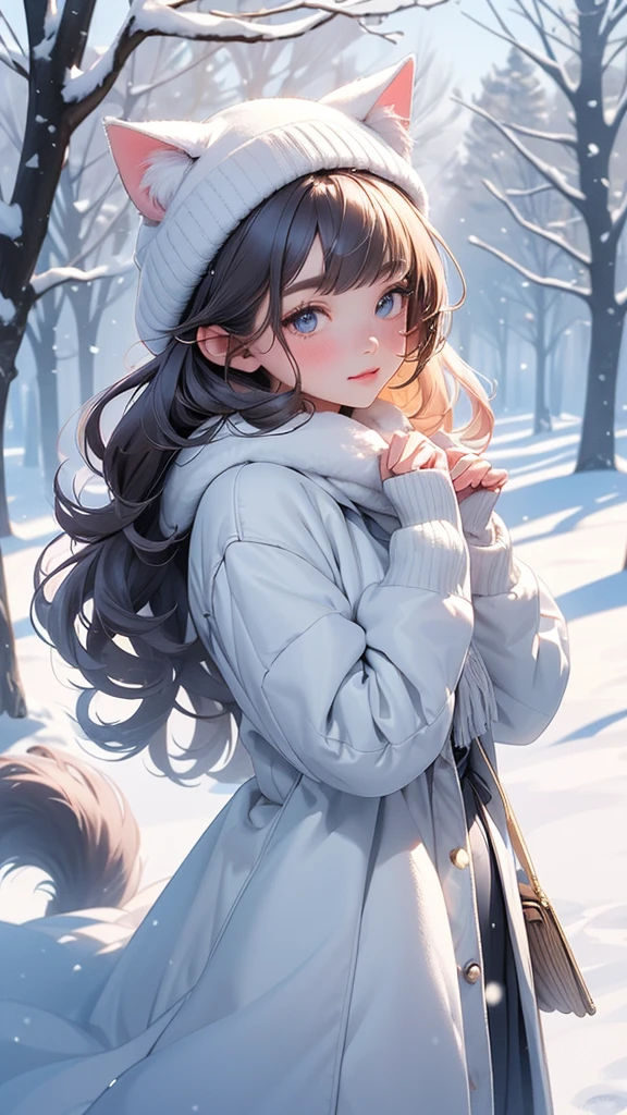 (best quality,4k,8k,highres,masterpiece:1.2),ultra-detailed,(realistic,photorealistic,photo-realistic:1.37),A cute cat girl with soft and fluffy white fur, with adorable detailed eyes and delicate pink nose and lips, standing in a snowy landscape. The girl has a sweet and innocent expression, with a hint of curiosity in her eyes. She is wearing a cozy winter outfit, with a knitted hat and scarf that match her fur color, adding extra cuteness to her appearance. The snowflakes are falling gently around her, creating a magical and dreamy atmosphere.
The snow-covered ground is pristine and pure, creating a soft and serene backdrop for the cat girl. The trees and foliage are partially covered in snow, with delicate branches peeking through the white blanket. The sunlight filters through the trees, casting a warm and gentle glow on the scene, enhancing the overall enchanting ambiance.
The color palette is dominated by shades of white and soft pastels, creating a calm and soothing atmosphere. The cat girl's fur is a mixture of whites and creams, with slight hints of pink blush on her cheeks. The landscape is bathed in cool tones of blue and gray, with subtle touches of pale pinks and purples in the sky and clouds.
The lighting is soft and diffused, with a gentle backlight illuminating the cat girl's silhouette, creating a soft halo effect around her. The shadows cast by the trees add depth and dimension to the scene, enhancing its overall realism.
This prompt will deliver a stunning and heartwarming masterpiece, showcasing the beauty of nature and the innocence of the cat girl in the snowy landscape.