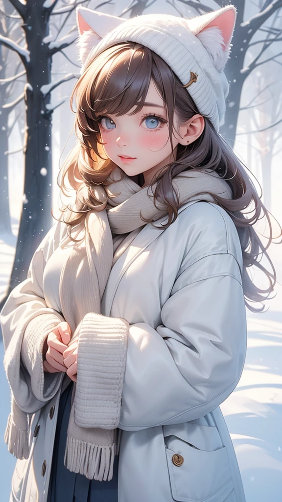 (best quality,4k,8k,highres,masterpiece:1.2),ultra-detailed,(realistic,photorealistic,photo-realistic:1.37),A cute cat girl with soft and fluffy white fur, with adorable detailed eyes and delicate pink nose and lips, standing in a snowy landscape. The girl has a sweet and innocent expression, with a hint of curiosity in her eyes. She is wearing a cozy winter outfit, with a knitted hat and scarf that match her fur color, adding extra cuteness to her appearance. The snowflakes are falling gently around her, creating a magical and dreamy atmosphere.

The snow-covered ground is pristine and pure, creating a soft and serene backdrop for the cat girl. The trees and foliage are partially covered in snow, with delicate branches peeking through the white blanket. The sunlight filters through the trees, casting a warm and gentle glow on the scene, enhancing the overall enchanting ambiance.

The color palette is dominated by shades of white and soft pastels, creating a calm and soothing atmosphere. The cat girl's fur is a mixture of whites and creams, with slight hints of pink blush on her cheeks. The landscape is bathed in cool tones of blue and gray, with subtle touches of pale pinks and purples in the sky and clouds.

The lighting is soft and diffused, with a gentle backlight illuminating the cat girl's silhouette, creating a soft halo effect around her. The shadows cast by the trees add depth and dimension to the scene, enhancing its overall realism.

This prompt will deliver a stunning and heartwarming masterpiece, showcasing the beauty of nature and the innocence of the cat girl in the snowy landscape.