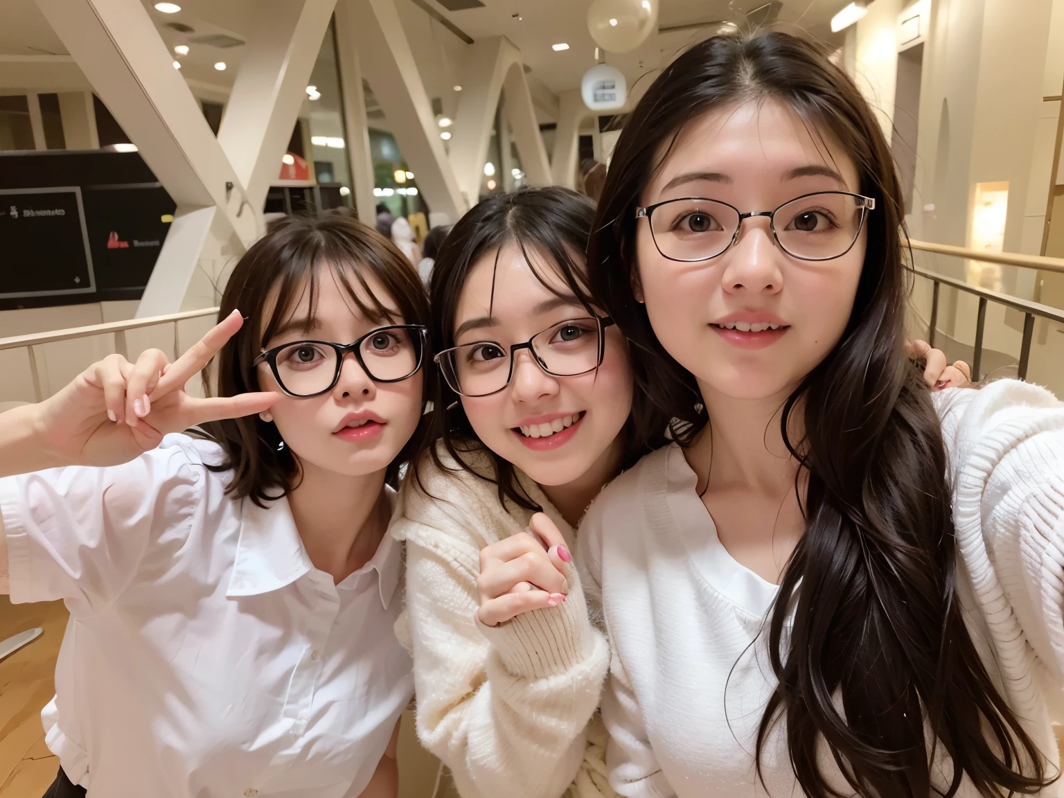 Three girls taking selfies with their mobile phones, student, wear glasses, The face is wet!!, 8k自拍photo, !!wear glasses!!, Very very low quality picture, wear glasses的, photo, Very very low quality, 3. Joy, Wearing round glasses, 用户photo, Wearing small round glasses, Shot with Sony alpha 9