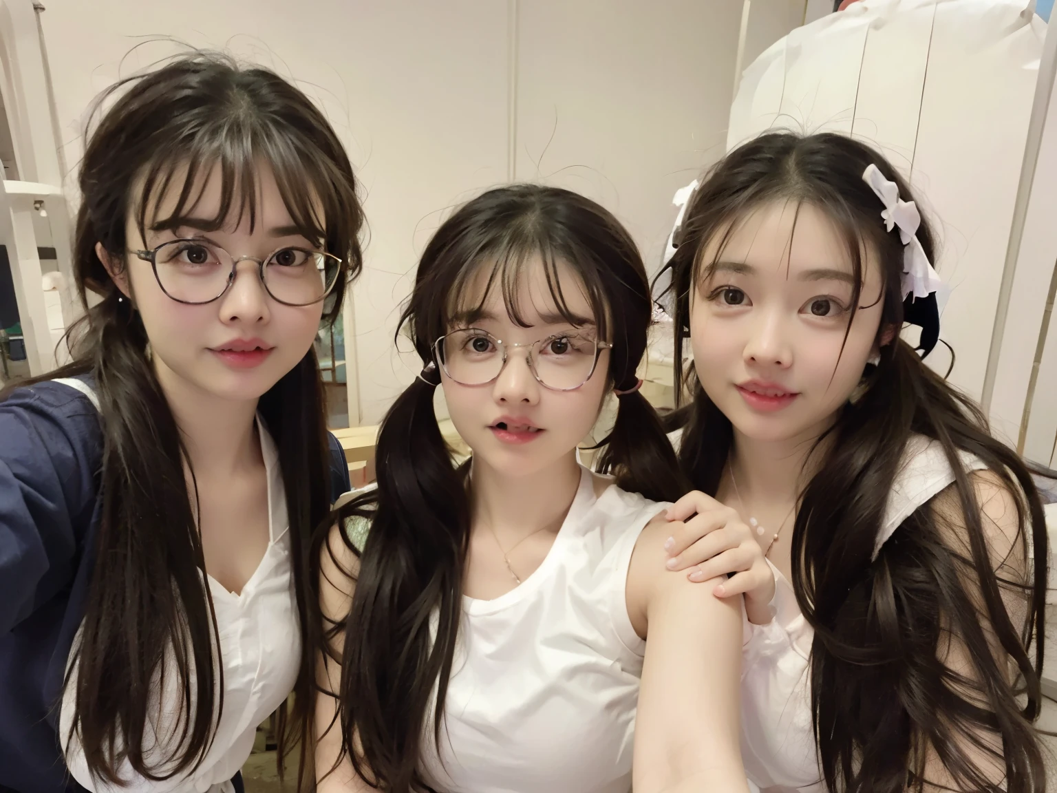 Three girls taking selfies with their mobile phones, student, wear glasses, The face is wet!!, 8k自拍photo, !!wear glasses!!, Very very low quality picture, wear glasses的, photo, Very very low quality, 3. Joy, Wearing round glasses, 用户photo, Wearing small round glasses, Shot with Sony alpha 9