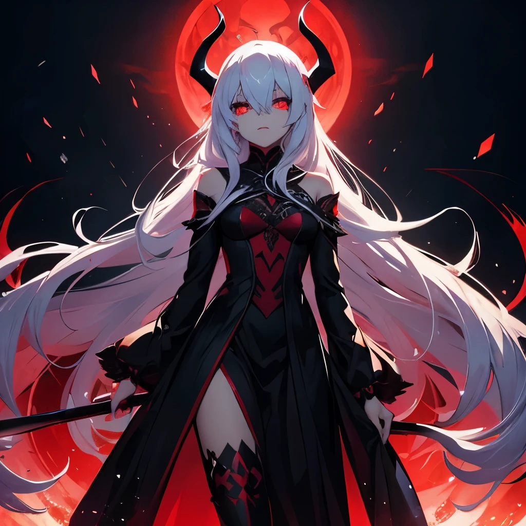 Demon, snow white long hair, glowing red eyes, Scythe, black fancy revealing clothes, feminine 