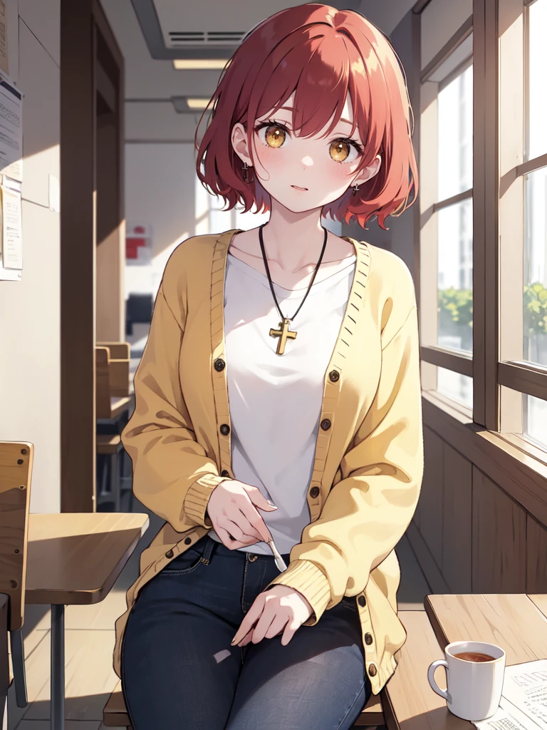 (masterpiece), (best quality), (ultra detailed),(disheveled hair),(illustration), (1woman), (casual outfit(cardigan yellow)), sit in a table, Fashion model, (cafeteria background),beautiful brown eyes, delicate beautiful face,(high saturation),(colorful splashes),(shining), kamisato ayaka, red hair, bangs, short hair, (shining), best lighting, best shadow. catholic cross necklace. nervous. scare blush (1 person) red face blush. matcha tee coup
