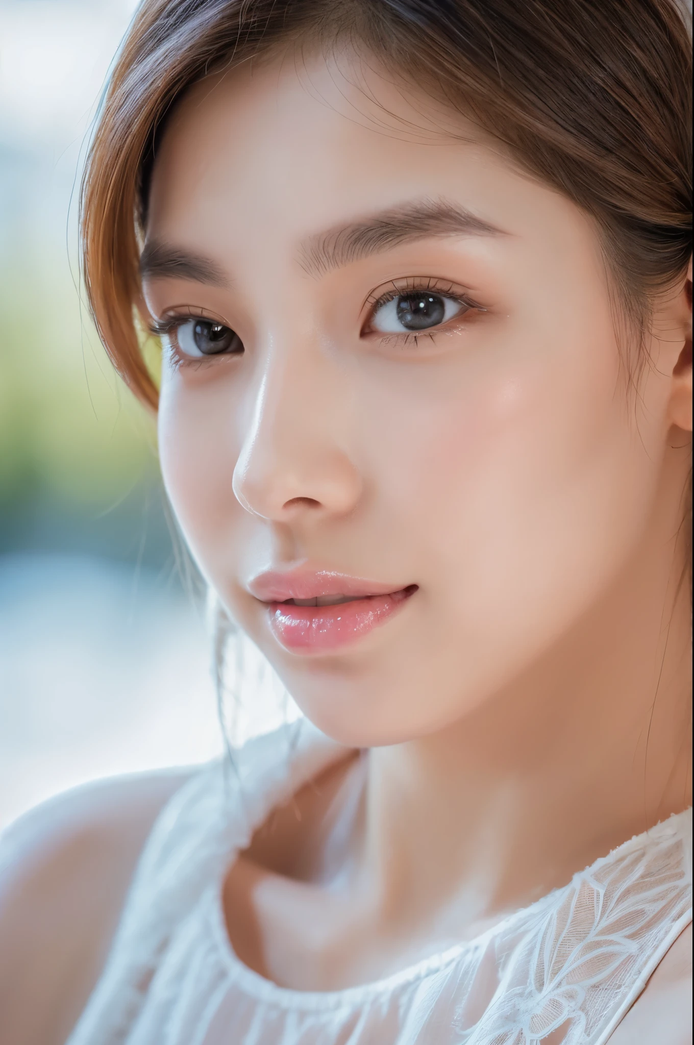 highest quality, white skin, real human skin, (detailed fac), oval face, pores, ultra high resolution, (8K, RAW photo, realistic:1.4), 1 girl, slim, (looking at viewer with a serene and goddess-like happiness:1.2), ( lip gloss, eyelash, gloss-face, highest quality, ultra high resolution, wide range lighting, natural shading), , transparent fashion shirt,  cityscape,