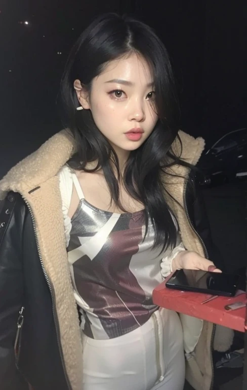 A closeup of a woman holding a cell phone in her hand, jennie blackpink, cruel korean goth girl, Heonhwa Choe, Jinyoung Shin, IU Lee Ji-eun as a supervillain, Lulu Chen, taejune kim, gongbi, Kim Jung Gi, imagem vazada, jaeyeon nam, sem maquiagem, gema chen, wenfei you