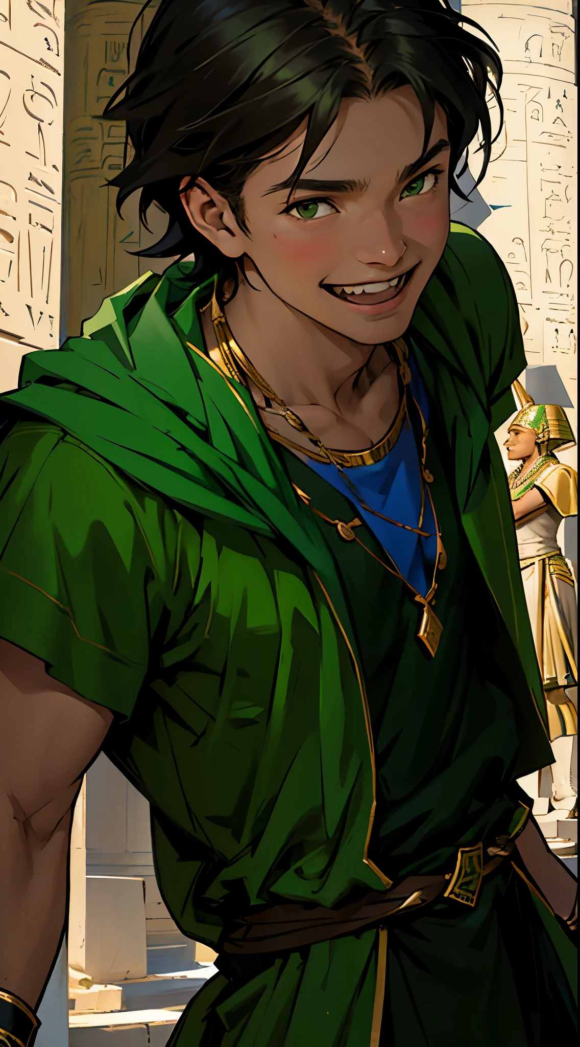 The young man is 14 years old, he stands up, he wears a green tunic, the ancient Egyptian, with his chest uncovered, he is laughing, he is talking, making fun of someone.