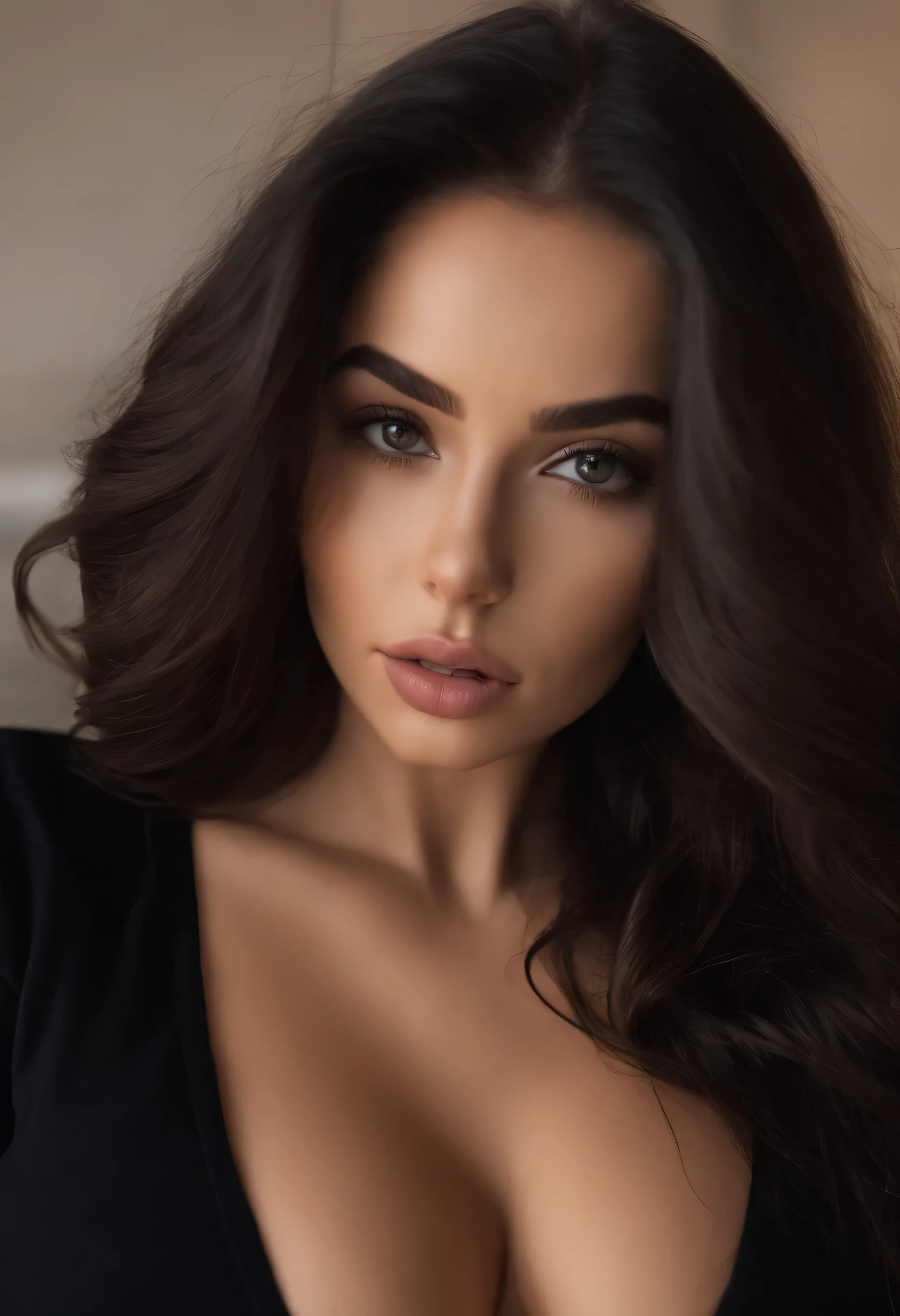 arafed woman with black clothes, sexy girl with brown eyes, portrait sophie mudd, black hair and large eyes, selfie of a young woman, bedroom eyes, violet myers, without makeup, natural makeup, looking directly at the camera, face with artgram, subtle makeup, stunning full body shot, in bedroom, cleavage