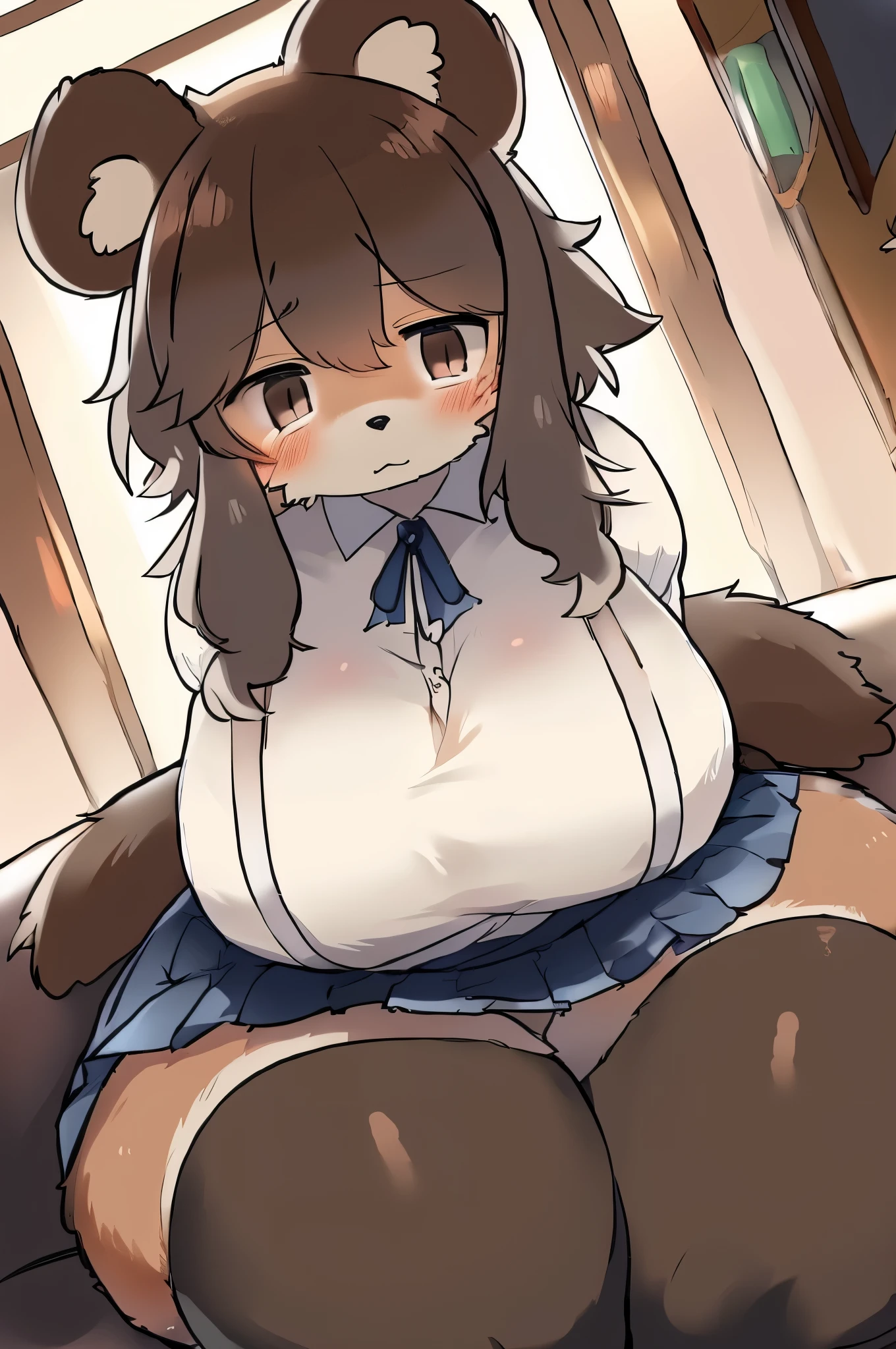 masterpiece:1.2, best quality, highly detailed eyelash:1.6, highly detailed eyes, sharp details, high contrast, chubby, [[overweight]], [thick body], massive breasts, milfy face, Anatomical, Award-winning concept art, fine details, ultra detailed, masterpiece, best quality, 1girl, full body, volumetric lighting, dynamic angle, very detailed background, side view, kemono, furry, very fuzzy, furry breasts, (((Chocolate Brown fur))), (((bald))), Dark Brown fur on face, (((long bear snout))), (long snout), fur tufts on legs, fur tufts, very cuddly, ((Bear)), ((Small circular Bear Tail)), Round Bear Ears, Bear Kemono, 1 chubby shy bear kemono inside in a bunny suit and pantyhose, Shy, nervous expression, Gray eyes, Soft eyes, detailed face and eyes, big breasts, full body, Dynamic Angle, volumetric lighting, inside, living room, sitting on sofa, looking away from viewer, (pastel color bunny suit), (pastel colored panythose) cleavage, fully clothed, skirt, thigh highs, skindentation, [[gigantic]], [delicious tummy], detailed clothes
