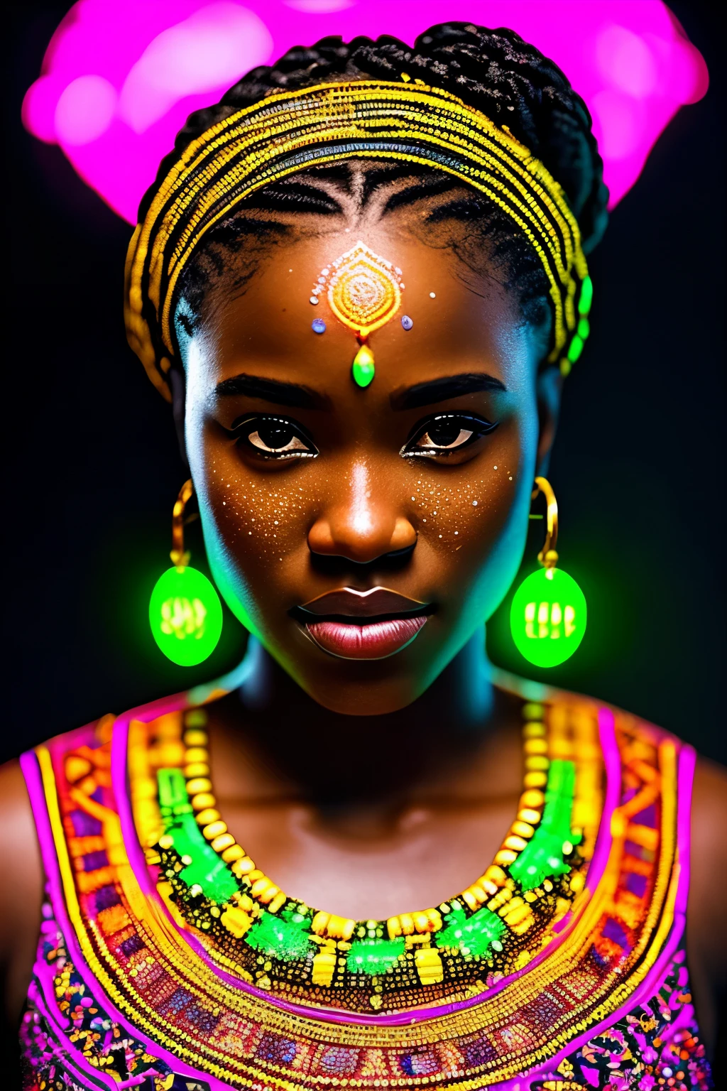 A captivating close-up shot of a black woman adorned in African designs, her face glistening with droplets of water as neon lights illuminate intricate markings. Her attire resonates with the essence of African culture, embellished with vibrant beads and colors. Surrounding her, an explosive backdrop of neon-lit green and pink crystals creates a dynamic and cinematic scene. Intricacies of her highly-realistic facial features are exceptionally well-defined, with every detail carefully depicted. Utilizing Unreal Engine for rendering, this 32k, ultra HD image portrays a stunningly lifelike and immersive portrait,