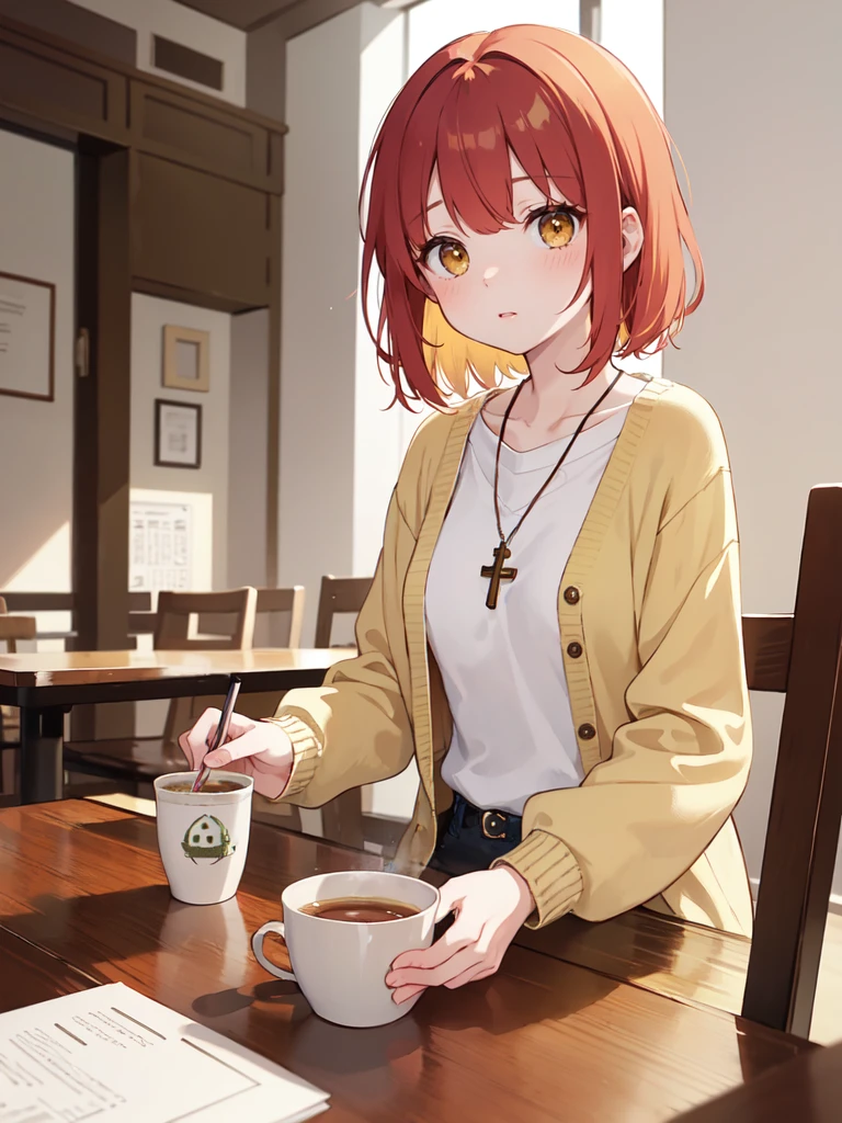 (masterpiece), (best quality), (ultra detailed),(disheveled hair),(illustration), (1woman), (casual outfit(cardigan yellow)), sit in a table, Fashion model, (cafeteria background),beautiful brown eyes, delicate beautiful face,(high saturation),(colorful splashes),(shining), kamisato ayaka, red hair, bangs, short hair, (shining), best lighting, best shadow. catholic cross necklace. nervous. scare blush (1 person) red face blush. matcha tea cup on the table