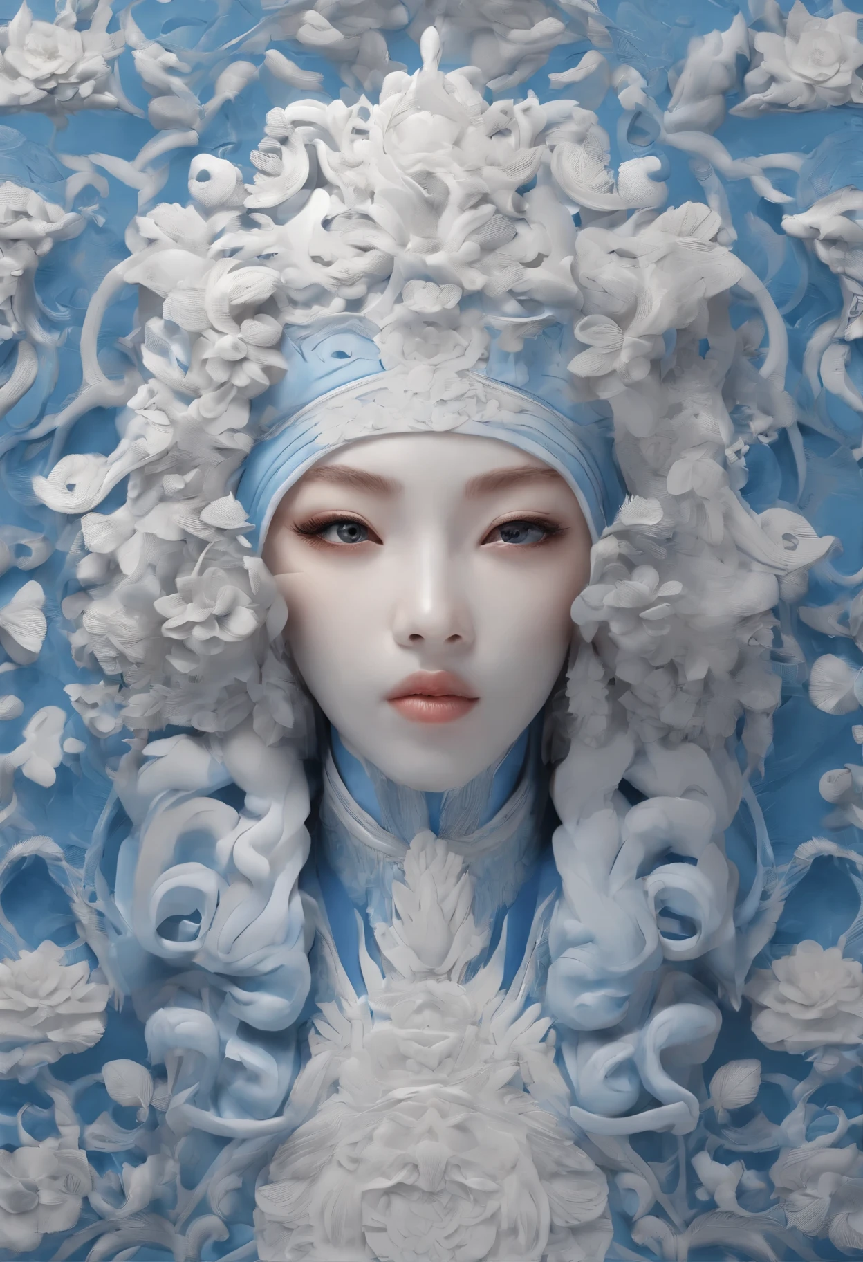 Blue and white porcelain,Ceramic material,femele,Embossed petals,artwork of a,Long hair, Ancient Chinese style,long eyelasher, solid circle eyes, Fake animal ears, Light smile, Ear blush, Fang, Striped hair, beret, beret, surrealism, shadowing, anaglyph, stereograms, tachi-e, angle of view, Atmospheric perspective, 8K, Super detail, ccurate, Best quality
