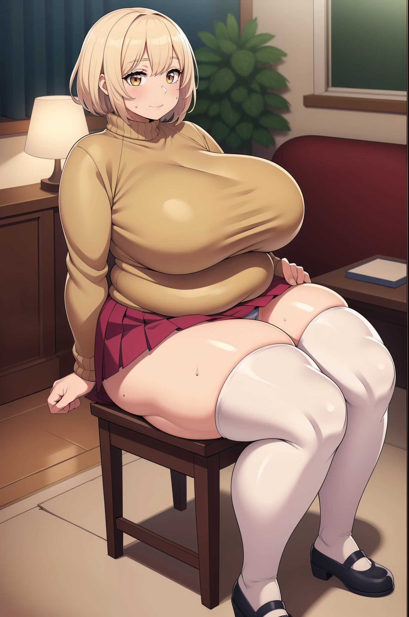 masterpiece, best quality, extremely detailed face, highly detailed eyelash, highly detailed eyes, sharp details, high contrast, ((chubby)), overweight, thick body, massive breasts, milfy face, Anatomical, Award-winning concept art, fine details, ultra detailed, masterpiece, best quality, 1girl, volumetric lighting, dynamic angle, very detailed background, side view, gigantic, very cuddly, ((tanned skin)), Shy, nervous expression, sweating, Gold eyes, Soft eyes, detailed face and eyes, Very Long voluminous Hair, short curled hair, large breasts, skindentation, full body, ((Dynamic Angle)), living room, sitting down, Looking down at viewer, volumetric lighting, ((beige sweater)), ((red pleated skirt)), white thigh highs, stockings, upskirt, white and pink striped panties