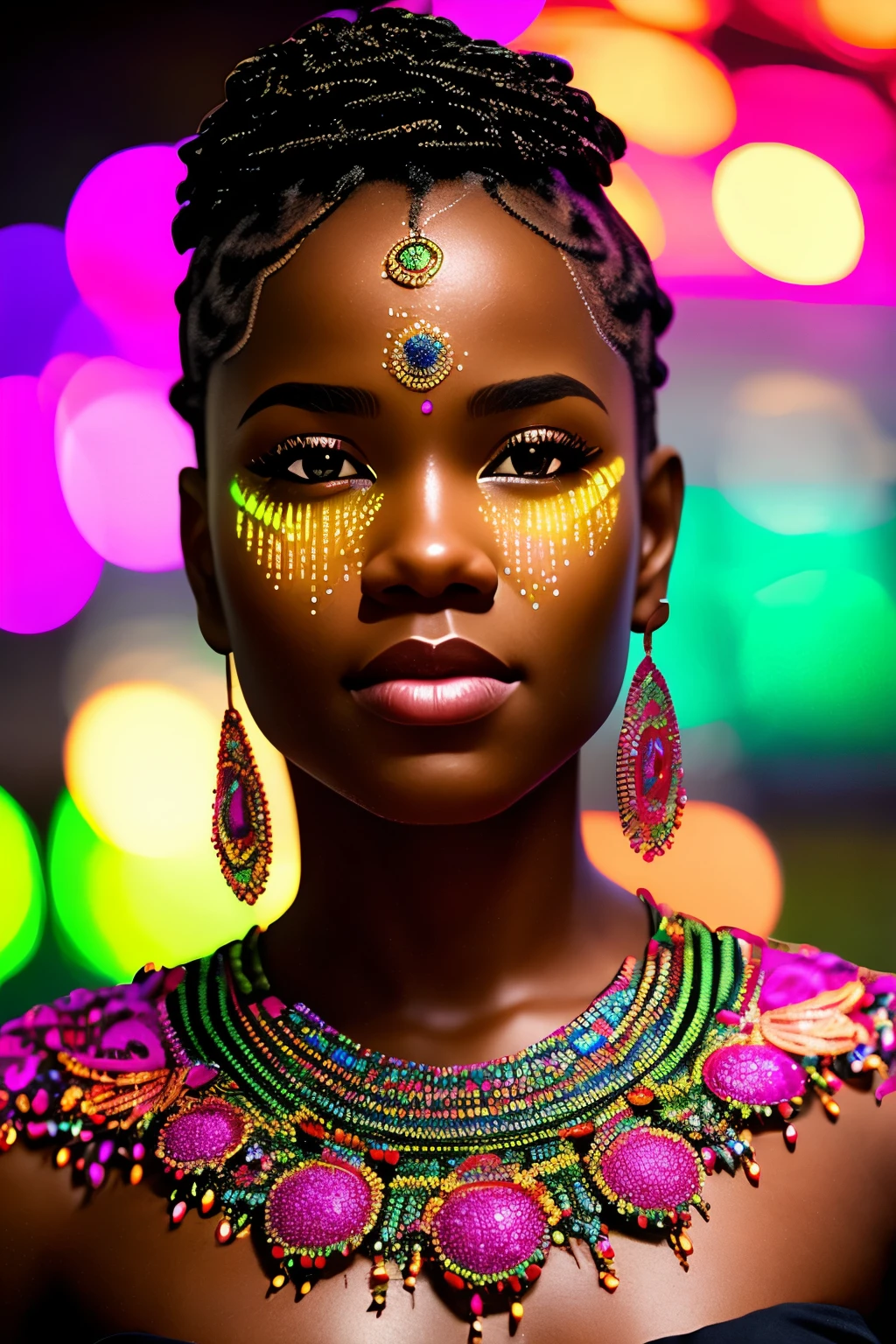 A captivating close-up shot of a black woman adorned in African designs, her face glistening with droplets of water as neon lights illuminate intricate markings. Her attire resonates with the essence of African culture, embellished with vibrant beads and colors. Surrounding her, an explosive backdrop of neon-lit green and pink crystals creates a dynamic and cinematic scene. Intricacies of her highly-realistic facial features are exceptionally well-defined, with every detail carefully depicted. Utilizing Unreal Engine for rendering, this 32k, ultra HD image portrays a stunningly lifelike and immersive portrait,
