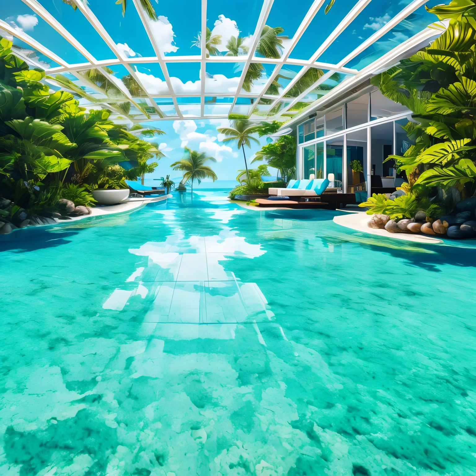 best quality, 32k, RAW photo, incredibly absurdres, extremely detailed, tropical resort, floating cottage,  floor, walls, ceiling, gorgeous room, beautiful light blue sea, white seabed, delicate, flashy and dynamic depiction