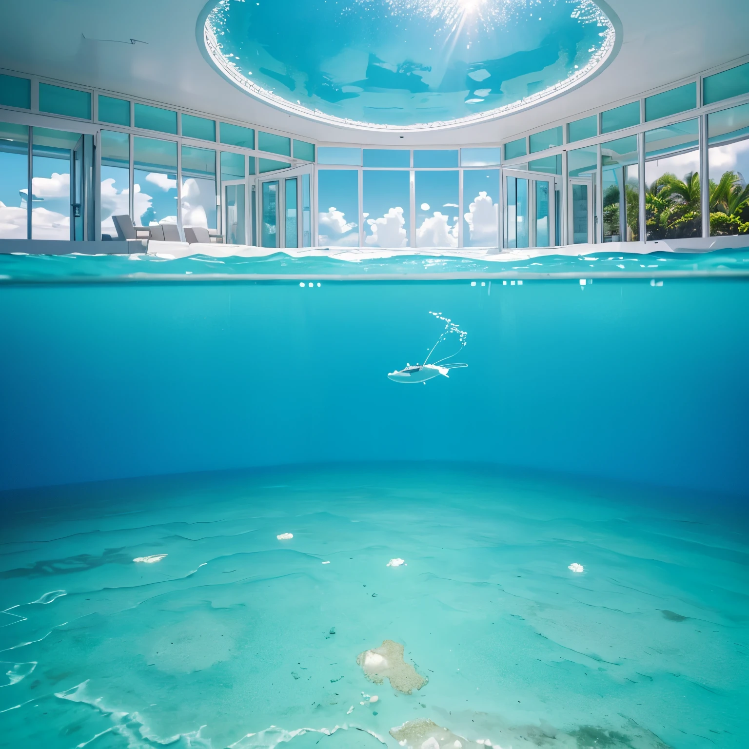 best quality, 32k, RAW photo, incredibly absurdres, extremely detailed, tropical resort, floating cottage, transparent floor, walls, ceiling, gorgeous room, beautiful light blue sea, white seabed, delicate, flashy and dynamic depiction