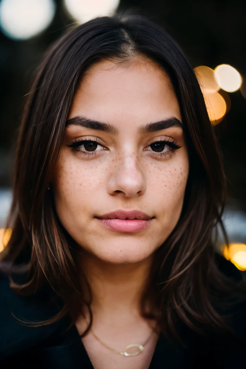 A realistic photograph quality picture of a beautiful 18 year old latina girl with straight brown hair, she has freckles, she has smale nose, round chin and oval head, youthful face, (wearing black coat), (heavy eyeliner), realistic hair, its a high quality 8k picture, snowing, in the night, night time, dark, lantern light, sharp focus, depth of field, 8k photo, HDR, professional lighting, taken with Canon EOS R5, 75mm lens