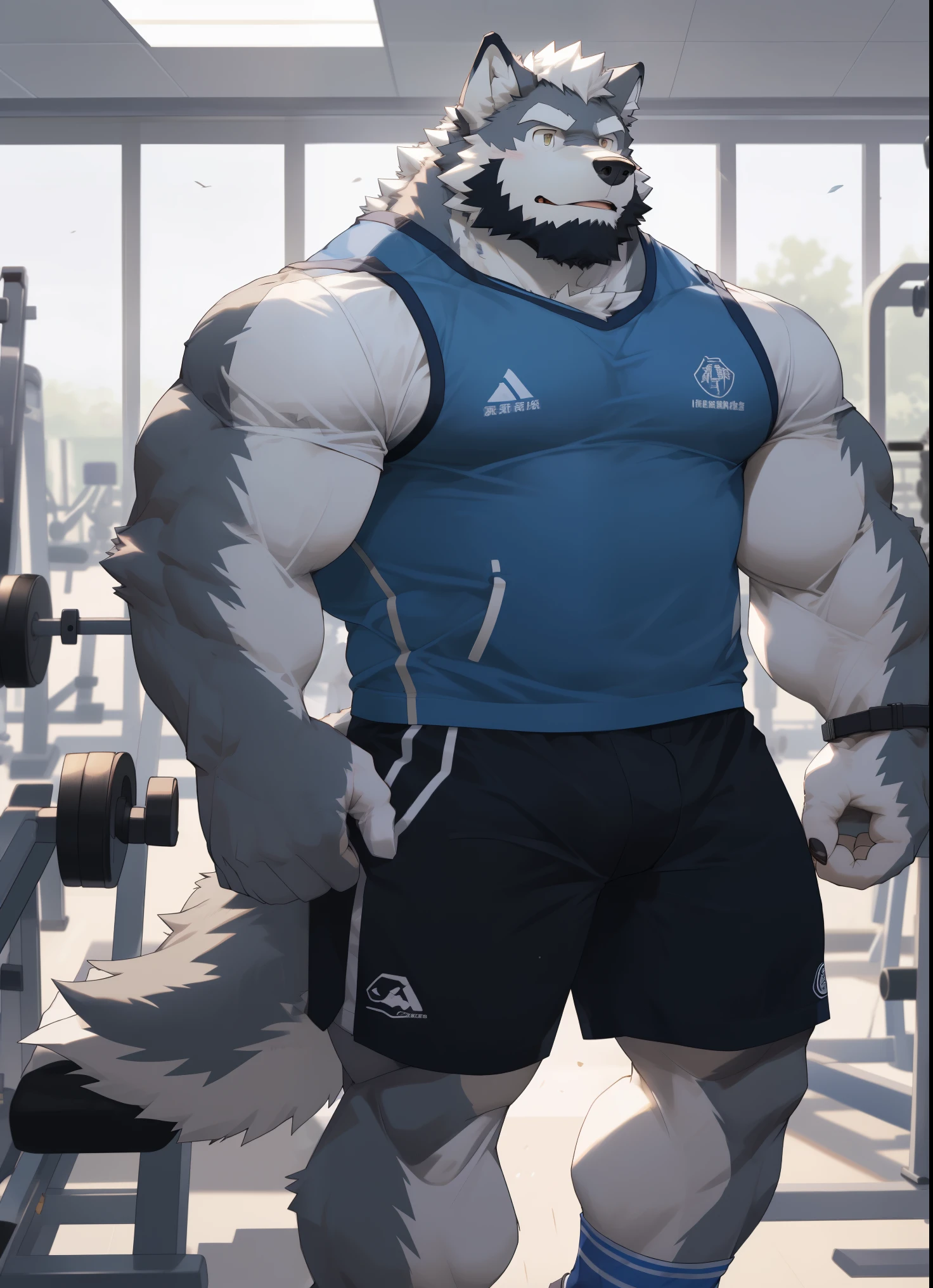 hairy，（Wolf，Vest，shorts，white socks），beard，white fur，male，Common，full body picture， Gym，firm eyes，detailed background，极其lifelike阴影，masterpiece，Very detailed，lifelike