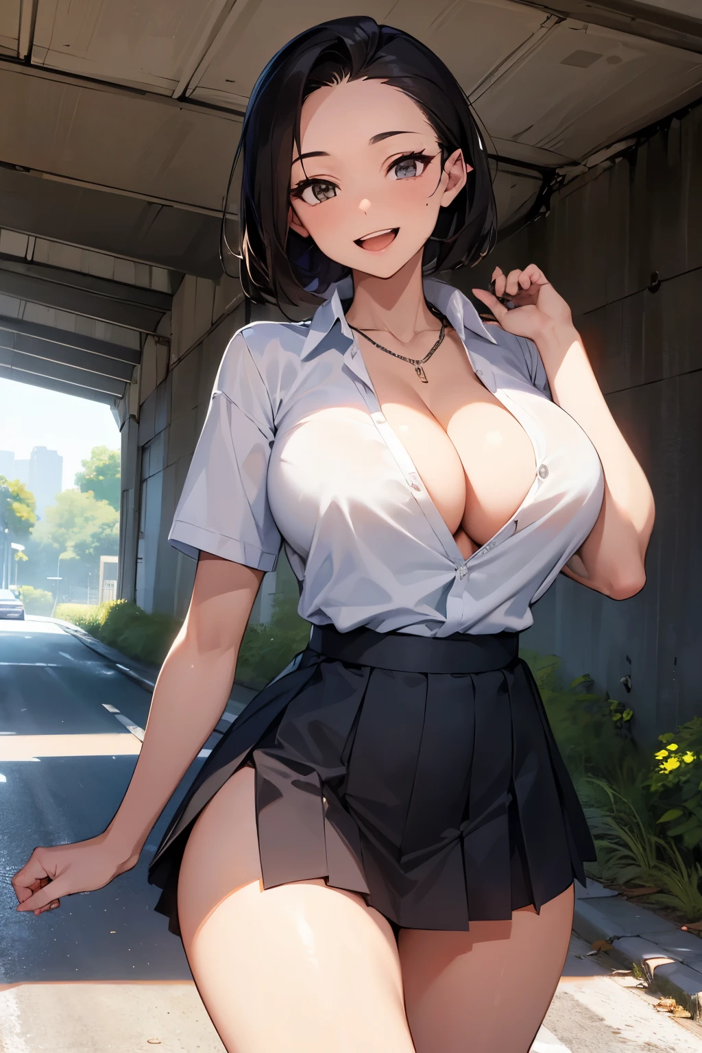 (((SHARP detail perfect face))), (nice hips), detailed skin, ((masterpiece)), best quality, (SHARP details), 4k, (((tomboy))), (smiling), (open mouth), looking at viewer, (in heat), (asymmetrical hair), deep cleavage, school uniform, (standing under (highway bridge)), grass, (in the shade), dark brown hair, nice hips, big breasts, (white shirt), ((forehead)), necklace, (short school skirt), (spiky hair),